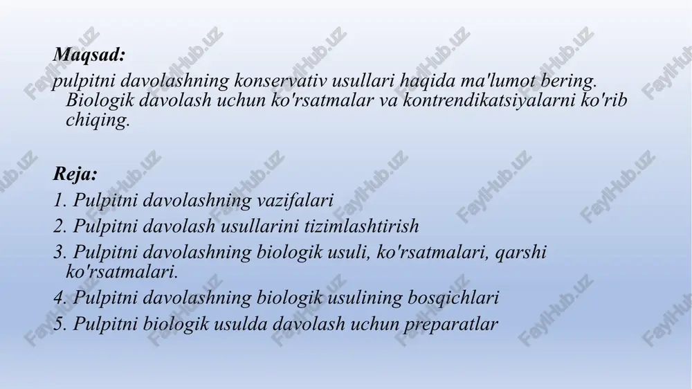 lar qo'llaniladi: 3% vodorod periks eritmasi, 5% elektron aminokaproik kislota eritmasi va boshqalar, ular 3-5 daqiqa davomida namlangan paxta to'plari yordamida kiritiladi. pulpotomiya. a- kauchuk to'g'on qo'llaniladi. b- pulpa kamerasiga to'liq yondashuv yaratiladi. c- pulpaning koronal qismi o'tkir ekskavator bilan chiqariladi g- amalgam to'ldirish e'tiboringiz uchun rahmat! image1.png image2.png image3.png image4.jpeg /docprops/thumbnail.jpeg
