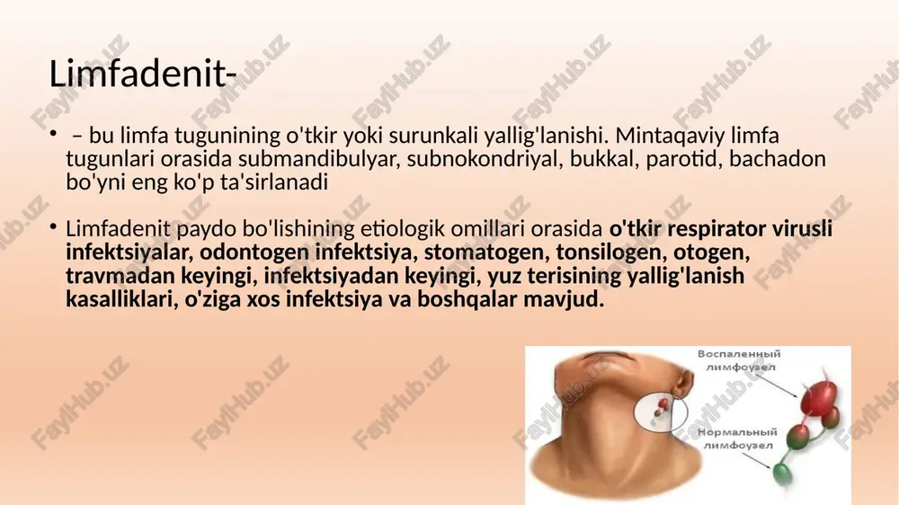 dan bir marta tomir ichiga yoki mushak ichiga yuboriladi.operatsiyadan keyingi qon ketish xavfi bo'lsa, profilaktika maqsadida yuboriladi antibakterial dorilar: amoksitsillin klavulan kislotasi (tanlangan dori)tomir ichiga kattalar: har 6-8 soatda 1,2 g. bolalar: kuniga 40-60 mg/kg (amoksitsillin uchun) 3 dozada. odontogen periostit va osteomiyelit rivojlanishi bilan davolash kursi 7-10 kun linkomitsin (muqobil dori) mushak ichiga, tomir ichiga (faqat tomchilab) qo'llaniladi. oldindan suyultirilmasdan tomir ichiga yuborish mumkin emas. kattalar: har 12 soatda 0,6-1,2. bolalar: 2 dozada kuniga 10-20 mg/kg. odontogen periostit va osteomiyelit rivojlanishi bilan davolash kursi 7-10 kun steroid bo'lmagan yallig'lanishga qarshi dorilar: ketoprofen 2 ml dan 100 mg/2ml in'ektsiya uchun eritma 150mg kengaytirilgan og'iz yoki 100 mg.i/v uchun sutkalik doza 200-300 mg (300 mg dan oshmasligi kerak), so'ngra kuniga 1 marta 150 mg yoki kuniga 2 marta 100 mg uzaytirilgan og'iz orqali yuborish.iv uchun davolash davomiyligi 48 soatdan oshmasligi kerak. umumiy foydalanish muddati 5-7 kundan oshmasligi kerak, yallig'lanishga qarshi, antipiretik …