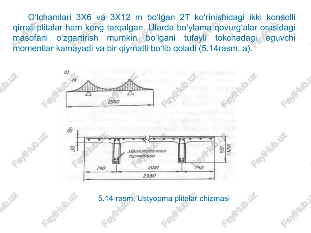 il) da keng qo‘llanila boshladi. qo‘llaniladigan ashyolar. osma yopmalarning yuk ko‘taruvchikonstruksiyalari uchun qurilish ashyosi sifatida a-v, a-vi armatura po‘lati, yuqori mustahkamlikka ega bo‘lgan simlar, spiralsimon kanatlar ishlatiladi. membrana tipidagi yopmalar uchun kam uglerodli yoki past darajada legirlangan po‘latlar ishlatiladi. masalan, moskva shahridagi mir prospektidagi universal stadionning yopmasi 14g2 markali, qalinligi 5 mm bo‘lgan po‘latdan bajarilgan. arkalar. temir-beton arkalar juda katta oraliqda, masalan, 30 m ortiq bo‘lganda fermalardan tejamliroqdir. statik belgisiga ko’ra arkalar quyidagi turlarga bo‘linadi: uch sharnirli (statik aniq); ikki sharnirli tortqichsiz yoki tortqichli (bir noma’lumli) va sharnirsiz (noma’lumli). arka tizimining o‘ziga xos xususiyati kerki (tortqi-raspor) kuchining mavjudligidir. eng keng tarqalganlari tortqichli arkalardir. katta oraliqli binolarda (angarlar, yopiq bozorlar va boshqalarda) arkalar bevosita poydevorga tayanishi mumkin. tortqichlar tayanch qurilmalarini kerki (tortqi-raspor) kuchi ta’siridan ozod qiladi. ris. 6.12. vidi jelezobetonnix arochnix mostov: a — s ezdoy poverxu; b — s ezdoy poseredine; v — s jestkoy arkoy i gibkoy zatyajkoy; g …