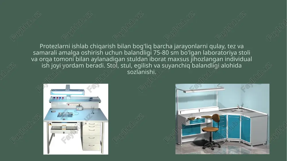 jilolash uchun maxsus moslama va qurilmalar bilan jihozlangan. barcha abraziv qurilmalarda kuchli chang yig'ish tizimi va etarli darajada mahalliy yoritish mavjud . qimmatbaho metall qotishmalaridan tayyorlangan protezlarni jilolash uchun xonada changni to'plashning individual tizimiga ega abraziv mashinasi bo'lishi kerak. lehimlash xonasi. lehimlash yoki lehimlash va payvandlash xonasida metall qismlarni va protez qismlarini lehimlash yoki payvandlash lehim mashinasi yoki kontaktli payvandlash apparati, gilzalar va boshqa metall qismlarni issiqlik bilan ishlov berish, ularni kislotalarda, mumda oqartirish uchun amalga oshiriladi. erish . yuqoridagi barcha ishlar dudbo'ronlarda amalga oshiriladi. quyma xonasi. xona turli metall qotishmalaridan protez qismlarini quyish uchun mo'ljallangan. unda maxsus eritish va quyish apparatlari, yuqori chastotali quyish moslamalari mavjud. elektr mufel pechlari qoliplarni quritish uchun dudbo'ronlarga o'rnatiladi. har qanday toifadagi stomatologiya klinikalarining stomatologiya laboratoriyalari uchun metall tish protezlarini quyish shahar yoki tuman bo'ysunadigan markazlashtirilgan quyish korxonasida tashkil etiladi. polimerizatsiya xonasida yoki lehim va payvandlash xonasida, maxsus dudbo'ronda galvanik qurilmalar elektropolishing uchun jihozlangan …