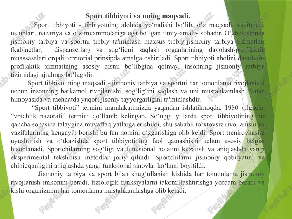 oxushliklarni erta qo‘llaniladigan tibbiy tekshirish metodlarini takomillashtirish, yangi mukammal usullarni ishlab chiqish va sport tibbiyoti amaliyotini joriy qilish; 3. jismoniy tarbiya va sport bilan shug‘ullanuvchilarni shikastlanish sabablarini o‘rganish, ularni davolash va profilaktikani grafik tartibi bilan birga olib borish. sport tibbiyotining asosiy ish turlari. jismoniy tarbiya va sport bilan shug‘ullanuvchi kishilarni tibbiy ko‘rikdan o‘tkazish; yetakchi sportchilarni dispanser kuzatuviga olish; tpn olib borish: sport bilan shug‘ullanish nazoratida sportchilarni salomatligini mustahkamlashda sog‘lomlashtirish, davolash va profilaktika chora tadbirlarini tashkil qilish; jismoniy tarbiya va sport mashqlari uchun ajratilgan joylar, musobaqa o‘tkaziladigan joylar sharoiti ustidan, shu jumladan sport inshoatlari ustidan sanitariya gigiena jihatdan nazorat qilish; sport musobaqalarni o‘tkazishda medisina xizmati ko‘rsatish; jismoniy tarbiya – sog‘lomlashtirish ishlarini ommaviy turlarini o‘tkazishda tibbiy xizmat ko‘rsatish; sport travmatizmini oldini olish; ilmiy tekshirish va metodik ishlarni olib borish; tibbiy va sportga oid masalalar bo‘yicha konsul'tasiyalar berish; sportchilar o‘rtasida sanitariya ishlarini olib borish va keng omma orasida jismoniy tarbiya umumiy g‘oyalarni propoganda …