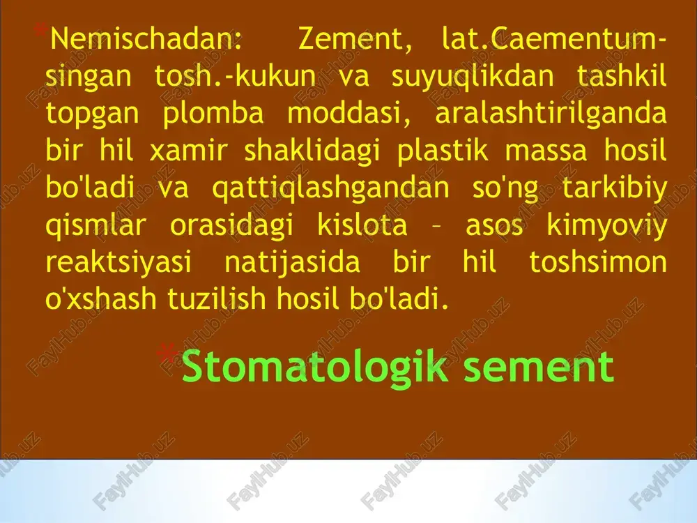 action of the gingiva after temporary cementation of a crown with a zinc oxide and eugenol cement. the patient reacted positively to eugenol in the patch tes polimer sementlar. polikarboksilat sementlari : voco tomonidan" carboco " (carboco) voco tomonidan " aqualox "(aqualox) "belokor" (vladmiva)"ortofaks p "(vladmiva) 26 polikarboksilat sementlar kukuni – magniy oksidi qo'shilgan sink oksidi suyuqlik - 37% poliakril kislotasi eritmasi qattiqlashganda, reaksiyaga kirishmagan sink oksidi zarralarini o'z ichiga olgan amorf sink-poliakril jel matritsasi hosil bo'ladi. to'qimalar bilan kimyoviy bog'lanish metallar bilan mustahkam aloqapulpa uchun toksiklik cfc ga qaraganda kamroqtish to'qimalariga yuqori biologik moslik ijobiy xususiyatlari kamchiliklari og'iz bo'shlig'ida eriydi mexanik kuch yetarli emas. karboko (voko), harvard ss (harvard), aqualox (voco)- zameshivaetsya na vode polycarboxylate cement. gibridnie sits dvoynogo otverjdeniya ketac n100 (3m espe); fuji ll lc (gc); kavitan (spofa dental); tsemion rs, tsemion rsts (vladmiva) uchastki, kuda svet lampi proniknet nedostatochno, ostanutsya nedopolimerizovannimi, chto uxudshaet kachestvo plombi. nb …