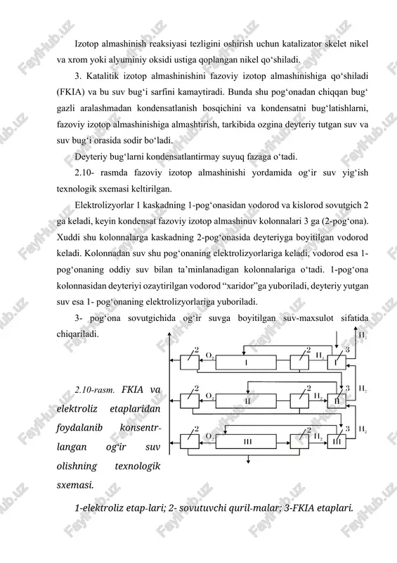 nalariga o‘tadi. 1-pog‘ona kolonnasidan deyteriyi ozaytirilgan vodorod “xaridor”ga yuboriladi, deyteriy yutgan suv esa 1- pog‘onaning elektrolizyorlariga yuboriladi. 3- pog‘ona sovutgichida og‘ir suvga boyitilgan suv-maxsulot sifatida chiqariladi. 2.10-rasm. fkia va elektroliz etaplaridan foydalanib konsentr-langan og‘ir suv olishning texnologik sxemasi. 1-elektroliz etap-lari; 2- sovutuvchi quril-malar; 3-fkia etaplari. ortishi eritma haroratini ko‘taradi, elektrodlar qutblanishini pasaytiradi, elektrolitda va diafragmada (gaz chiqishini oshirmay) kuchlanishni pasaytiradi. elektrolizyorlarda kuchlanishni pasaytirish, bosimni orttirish bilan hosil bo‘lgan gazlar hajmini qisqartirib, gaz to‘lishini kamaytirish bilan ham olib boriladi. kuchlanishga bosim ta’sirining yig‘indi effekti 2.2-rasmda ko‘rsatilgan. odatda elektrolizni 1-3 mpa bosimda va 1200c da o‘tkaziladi. haroratni yanada ko‘tarish elektrolizyor qismlarini korroziyalanishi va diafragmani ishdan chiqishiga olib keladi. bosimni yanada yuqori ko‘tarishni esa iqtisodiy tomondan hojati yo‘q hisoblanadi. 2.1- va 2.2-rasmlar. 4 - rasm. bosim ostida suv elektrolizining texnologik sxemasi. toza suvlarning elektr o‘tkazuvchanligi (distillangan suvda 410-6om/m3 va vodoprovod suvida 110-1om/m3 ) kichik bo‘lganligi uchun elektroliz qilish maqsadga muvofiq emas. shuning uchun …