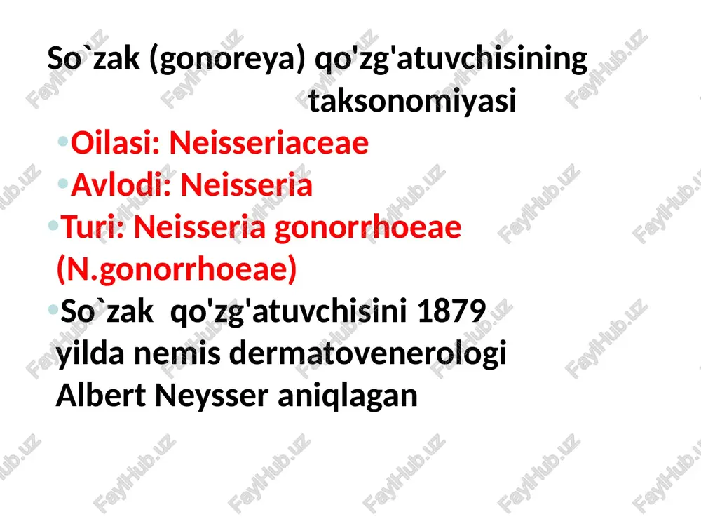 reponema deb ataladi. morfologik xususiyatlari treponemalar (lot. bukuvchi, aylanuvchi ip) - yupqa spiralli gram-manfiy bakteriyalardir. buramalarning o'rtacha soni 8-12 ni tashkil qiladi. o`ta harakatchan (miofibrillalari hisobiga to`lqinsimon harakat qiladi). tashqi muxitda treponema ba'zan shilliq qavat bilan qoplangan bo`ladi (polisaxarid psevdokapsula) spora hosil qilmaydi. ikkiga boʻlinish va donalarga parchalanish yoʻli bilan koʻpayadi. noqulay sharoitda tirik qolish shakllari: sista (to'pga aylanadi va o'z atrofida suv o'tkazmaydigan qobiq shakllanadi), l- shakli, donador shakllar romanovskiy-gimza usulida bo'yash elektron mikroskopiya. kattalashtirish 131000. harakatlanish hujayra ichidagi harakat apparati tomonidan ta'minlanadi: treponema tanasini o'rab turgan miofibrillalar to'plamlari. hujayraning qutblarida bazal tanalarga biriktirilgan, o'rtada erkin tugaydi ch - chexol; b - blefaroplast; f - fibrili elektron mikroskopda treponema t.pallidumning mikroskopiya usullari t.pallidum yaxshi bo'yalmaydi. ko'pincha, u qorong'u ko'rish sohasida tirik native preparatlarda o'rganiladi. treponemalarni bo'yash uchun morozov kumush singdirish usuli yoki romanovskiy-giemsa usuli qo'llaniladi. qorong'i ko'rish sohasida treponema treponema morozovning kumush usuli bilan bo'yalgan t.pallidumni kultural xususiyati oqish …