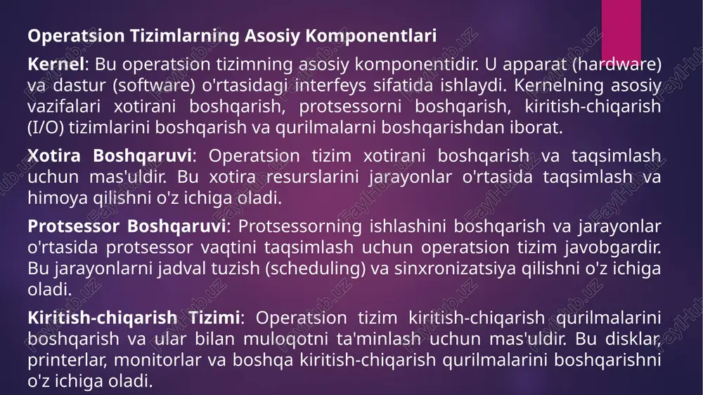 a qilish: jarayonlarni izolyatsiya qilish va ularning bir-biriga zarar yetkazishining oldini olish. ma'lumotlarni himoyalash: ma'lumotlarni shifrlash, foydalanuvchi kirish huquqlarini boshqarish va xavfsizlik mexanizmlarini ta'minlash. tarmoq boshqaruvi tarmoq interfeyslari: tarmoq interfeyslari orqali boshqa kompyuterlar va qurilmalar bilan muloqot qilish. protokollarni boshqarish: tarmoq protokollarini boshqarish va tarmoq orqali ma'lumotlarni uzatish. xulosa operatsion tizimlar arxitekturasi ko'plab komponentlardan iborat bo'lib, har biri o'z funksiyalarini bajaradi. kernel, xotira boshqaruvi, protsessor boshqaruvi va kiritish-chiqarish tizimi operatsion tizimning samarali ishlashini ta'minlaydi. kernel arxitekturasi monolitik, mikrokernel yoki gibrid bo'lishi mumkin. virtualizatsiya va multitashkiliy tizimlar resurslarni samarali boshqarish va xavfsizlikni ta'minlash uchun muhimdir. operatsion tizimlar tuzilmasi ko'plab komponentlardan iborat bo'lib, har biri o'z funksiyalarini bajaradi va tizimning samarali ishlashini ta'minlaydi. modul tuzilma, katlamli tuzilma va klient-server tuzilma operatsion tizimlarning asosiy tuzilmalari hisoblanadi. protsessorni boshqarish, xotira boshqaruvi va sinxronizatsiya operatsion tizimning asosiy vazifalaridan biridir. operatsion tizimlar kompyuter tizimining barqaror va samarali ishlashini ta'minlash uchun zarur bo'lgan ko'plab vazifalarni bajaradi. protsessorni …