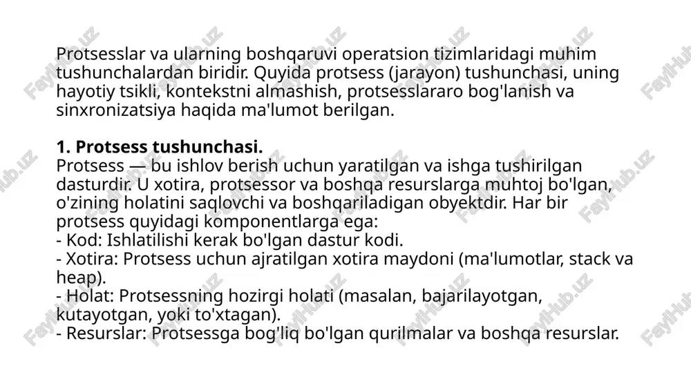 agmentatsiya muammosini kamaytiradi, chunki ma'lumotlar kichik bo'laklarga bo'lingan va ular bir-biridan mustaqil ravishda joylashtiriladi. kamchiliklari: xotira boshqarish murakkablashadi va qo'shimcha ma'lumotlarni saqlash zarurati yuzaga keladi ( xaritalash jadvali ). segmentatsiya segmentatsiya — bu xotiradagi ma'lumotlarni mantiqiy bloklarga bo'lish va har bir blokni alohida boshqarish usulidir. har bir segment bir xil turdagi ma'lumotlarni (masalan, kod, ma'lumotlar, stack) saqlaydi. principi: dastur xotirada mantiqiy bo'laklarga (segmentlarga) bo'linadi, masalan, kod segmenti, ma'lumotlar segmenti, stack segmenti. har bir segment o'zining yodda saqlash maydoniga ega. afzalliklari: xotira bo'linmasi mantiqiy jihatdan tashkil etilgan bo'lib, har bir segmentga alohida boshqaruv o'rnatish mumkin. kamchiliklari: segmentlar o'rtasida bo'sh joylar yoki fragmentatsiya paydo bo'lishi mumkin. 4. virtual xotira va uning ishlash prinsiplari virtual xotira — bu kompyuterning fizik xotirasidan ko'proq resurslardan foydalanishga imkon beradigan texnologiya. virtual xotira tizimi, dasturlarni o'zaro mustaqil ravishda ishlashiga imkon beradi, xotira talab qilinayotgan vaqtlar vaqti-vaqti bilan dinamik tarzda diskda joylashadigan bo'limlar bilan almashiladi. principi: virtual xotira …