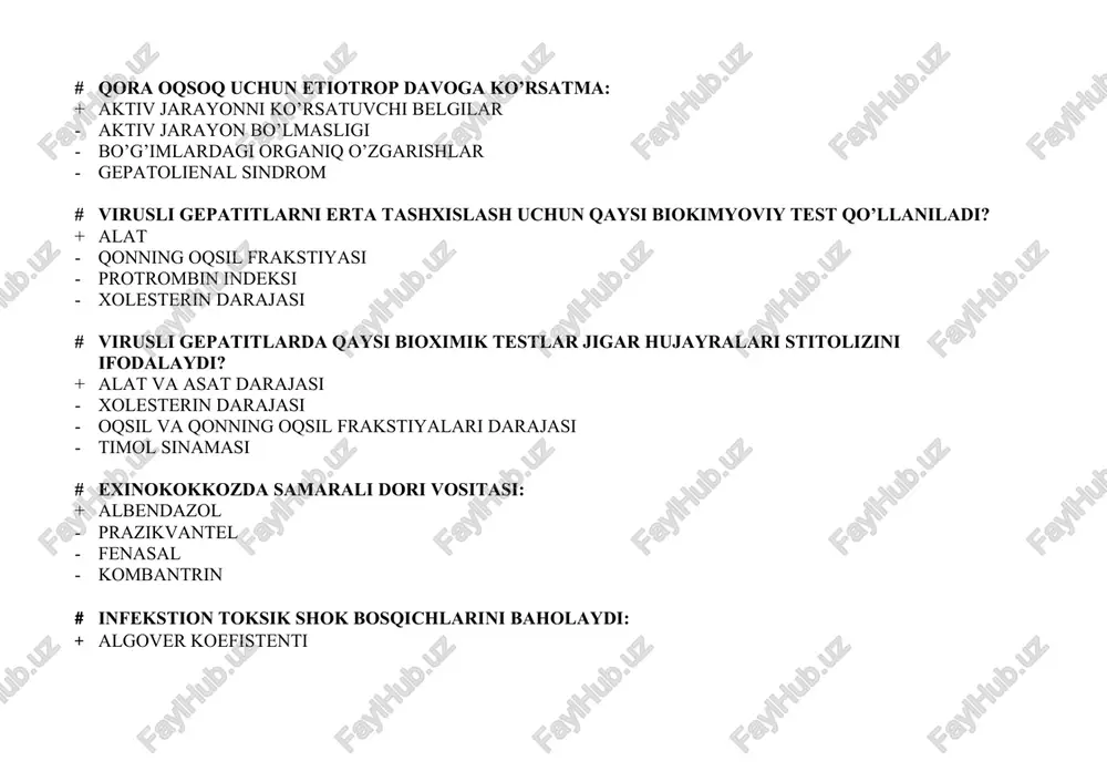 ibiotiklar oladigan davrda - kasallikning tuzalish davrida - bakteriya tashuvchanlikda # qaysi preparat botulizmning asosiy davosi hisoblanadi? + antitoksik zardob - penistillin - anatoksin - reopoliglyukin # qoqsholning profilaktikasi va davosi uchun qaysi preparat ishlatiladi? + antitoksik zardob - antimikrob zardob - bakteriofag - normal ot zardobi # qkgi gemorragiya davri uchun xos bo’lmagan belgi: + anuriya - bradikardiya, gipotoniya - albuminuriya - gemorragik belgi # qkgi gemorragiya davri uchun xos bo’lmagan belgi: + anuriya, bradikardiya - albuminuriya - gemorragik belgi - isitma # quyida keltirilgan klinik belgilarning qaysi biri tulyaremiyaga xos emas? + anuriya, isitma, bosh og’rig’i, terlash - limfoadenopatiya, polimorf toshmalar - gepatolienal sindrom - oyoq mushaklarida, elka va belda og’riq # o’tkir respirator infekstiyasi guruhiga xos bo’lmagan kasallik: + arboviruslar - gripp, paragripplar - adenoviruslar - rinoviruslar # chuqur koma (o’je-iv) da asab-ruhiyat tomonidan xos o’zgarish: + arefleksiya, ko’z olmasining suzib yurishi simptomi - uyquchanlik, esning pasayishi, …