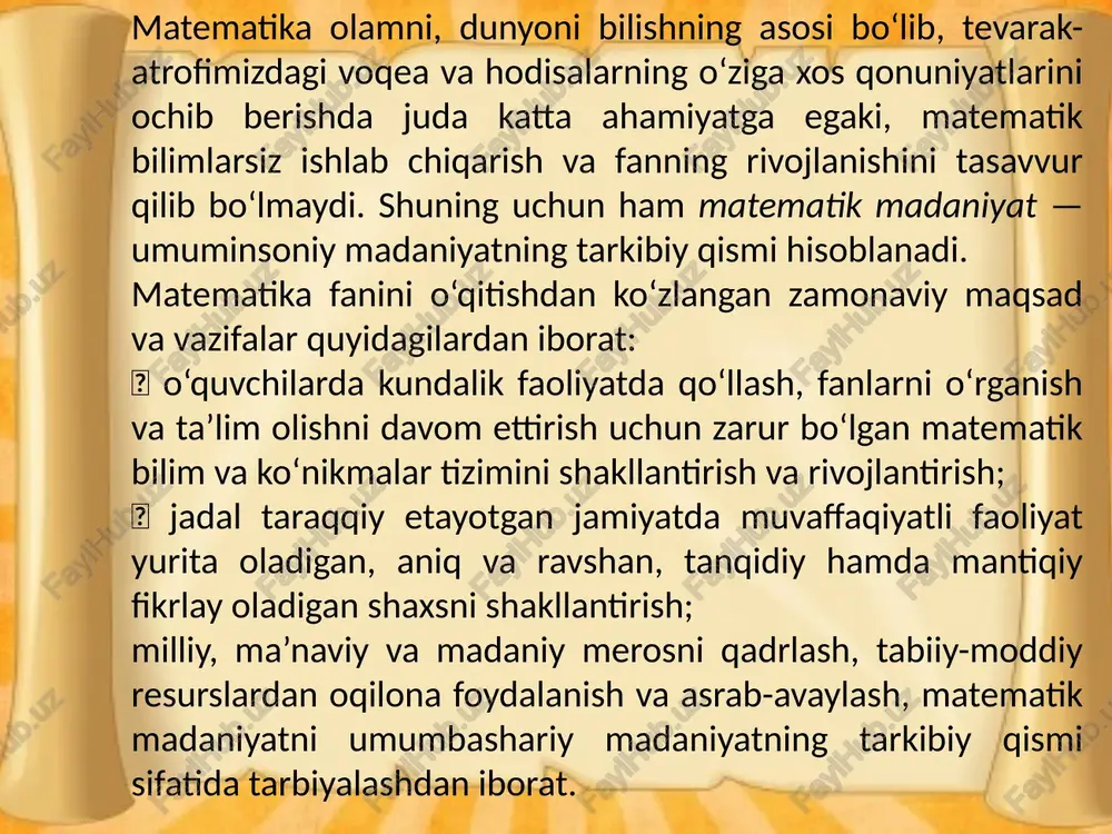 ydi, balki fanlararo va fanning kundalik turmush bilan bog‘lanish imkoniyatlarini ochadi va ta'lim samaradorligini oshiradi. matematika darslarini tashkil qilishda nazariyadan ko‘ra ko‘proq amaliyotga e’tibor berish hamda o‘quvchilarga tayyor o‘quv materiallarini berishga asoslangan yondashuvdan ma’lum darajada voz kechish talab qilinadi. matematika darslarida ko‘proq keys, tadqiqot, loyiha, kichik o‘quv kashfiyotlari kabi interaktiv metodlardan foydalanish tavsiya etiladi. o‘quvchilarda kichik tadqiqotchilik ko‘nikmalarini shakllantirishda kuzatish, tajriba, o‘lchashlar, analiz (tahlil) va sintez, induksiya va deduksiya, taqqoslash va analogiya kabi ilmiy izlanish metodlaridan o‘rnida foydalanish talab etiladi. o‘quvchilarda bilim va ko‘nikmalarni shunchaki shakllantirib qolmasdan, ularni hayotiy vaziyatlarda qo‘llay olish kompetensiyalarini ham tarkib toptirish muhim ahamiyat kasb etadi. bu o’rinda loyiha ishlarining o’rni e’tiborga molik. o‘quvchilar bir o‘quv yilida o‘zlari qiziqqan fani yoki ta’lim sohasidan faqat bitta loyiha ishini bajarishlari tavsiya etiladi. loyiha ishi mavzulari o‘qituvchilar tomonidan bitta yoki bir necha o‘quv fanlari doirasida muammoli vaziyat yoki keys sifatida tanlanadi. loyiha ishi mavzusi ustida o‘quvchilar alohida-alohida yoki qiziqishlariga …