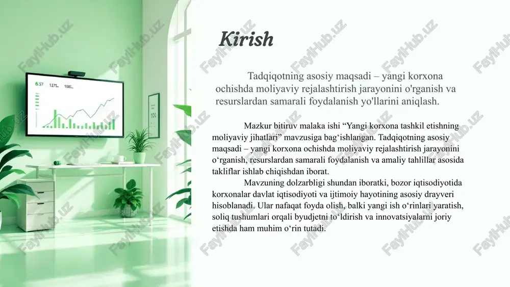 bank kreditlari va mikrokreditlardan foydalanish. - davlat grantlari va subsidiyalariga ariza topshirish. - investor yoki sherik jalb qilish (ulush evaziga). 2. naqd pul oqimi muammosi (cash flow) muammo: dastlabki oy va yillarda tushum kam, xarajatlar esa yuqori bo‘ladi. bu esa pul oqimida uzilishlarga olib keladi. echimlar: - xarajatlarni qat’iy rejalashtirish va keraksiz sarf-xarajatlarni kamaytirish. - mijozlardan oldindan to‘lov olish mexanizmini joriy qilish. - sotuvchilar bilan to‘lov muddatini cho‘zish haqida kelishish. 3. moliyaviy rejalashtirish va byudjetlash tajribasining yetishmasligi muammo: tajribasiz tadbirkorlar xarajatlarni to‘g‘ri rejalashtirmaydi va foyda prognozlari xatoga uchraydi. echimlar: - moliyaviy rejani (biznes-rejani) puxta ishlab chiqish. - moliyaviy konsultant yoki buxgalterni jalb qilish. - doimiy ravishda moliyaviy tahlil va monitoring qilish. 4. kredit va qarz mablag‘laridan samarali foydalana olmaslik muammo: qarzlarni o‘z vaqtida qaytara olmaslik yoki yuqori foiz stavkalari tufayli qarzdorlik yukining oshib ketishi. echimlar: - faqat zarur miqdorda kredit olish. - eng past foiz stavkali moliyaviy manbalarni qidirish. - …