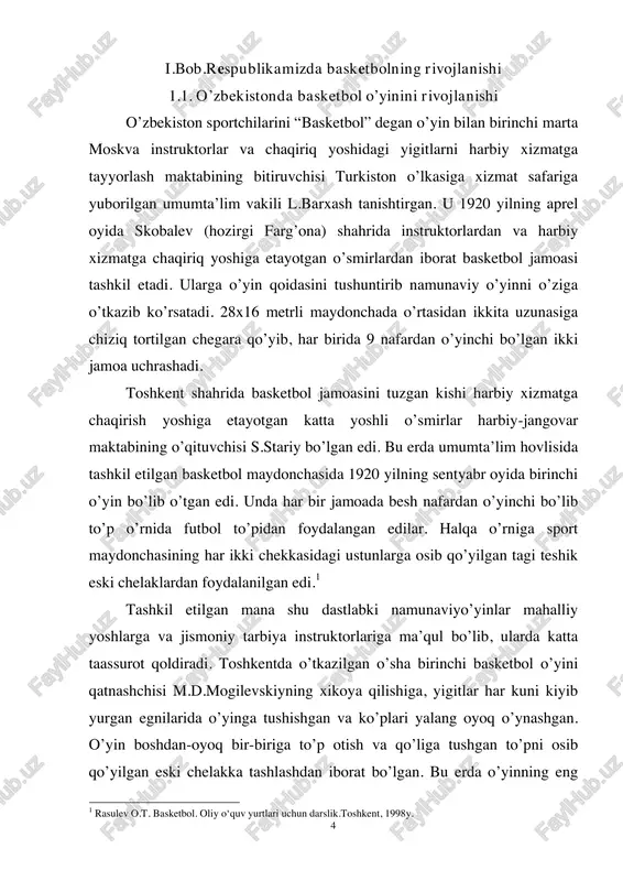1 yilning iyulida toshkentda ii o’rta osiyo olimpiadasi o’tkazilayotgan vaqtda farg’ona, samarqand, chernyayevning eng yaxshi ayollar basketbol jamoalari birinchi rasmiy musobaqalarni o’tkazdilar. “doprizivnik” jurnali farg’onalik qizlarning yaxshi tayyorgarlik ko’rganligini ta’kidlagan edi. olimpiada basketbolning yanada rivojlanishi uchun yangi turtki berdi. lekin yagona qonun-qoidalarning yo’qligi, metodik va sport xarakterdagi axborotning yomon etkazilishi, basketbol o’yinining texnika va taktikasini yaxshi biladigan instruktorlik tarkibining yo’qligi basketbol jamoalarining mahoratini o’sishini to’xtatib turardi. 1923 yilda turkiston mik qoshida jismoniy tarbiya bo’yicha o’lka soveti tuzildi. jismoniy tarbiya va sport rivojlanishining davlat boshqaruv fanlari paydo bo’lishi bilan jamoat tashkilotlarining sport o’yinlari, jumladan, basketbolni tashkil etishdagi faoliyati aktivlashadi. zavodlar, fabrikalar, o’rta va oliy o’quv yurtlarida sport to’garaklari ochila boshladi. 6 1924 yilning avgustida farg’ona, poltorask, toshkent, sirdaryo va respublika poytaxti oliy o’quv yurtlarining terma jamoalari i–butun turkiston jismoniy tarbiya bayrami musobaqalarida uchrashdilar. jismoniy va texnik tayyorgarligi o’z raqiblarinikida ustunroq bo’lgan toshkentning erkaklar va ayollar jamoalari ushbu musobaqalarning g’oliblari bo’ldilar. musobaqalarda …