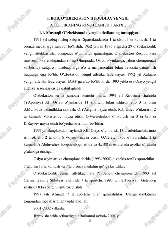 xalqaro musobaqalar o‘tkazildi. xalqaro olimpiya qo‘mitasi tashkil topganligi va yugurishning umumo‘zbek kuniga bag‘ishlangan 9 ta yosh guruh bo‘yicha respublika final musobaqalari o‘tkazildi. 2002-2003 yildan boshlab iaaf yangi halqaro qoidalar qabul qilindi. 2001-2002 yil o‘zbekiston respublikasining terma jamoasi jahon va osiyo chempionatlarida, xiv osiyo o‘yinlarida mdh xalqaro o‘smirlar o‘yinlarida (moskva 2002 yil) qatnashishdi. 2 2001 yil leonid andreev osiyo chempionatida kumush medal sovrindori bo‘ldi. 2002 yil esa o‘nkurash bo‘yicha o‘smirlar o‘rtasida chempionlik nomiga ega bo‘ldi. osiyo chempionatida yengil atletikachilar 6 ta kumush va 3 ta bronza medallarning sovrindorlari bo‘lishdi. xiv osiyo o‘yinlarida 4 ta medal l.perepelova 100 m yugurishda kumush medalga, z.amirova 800 m yugurishda bronza medalga, nayza uloqtirishda e. voynov bronza medalga, g.xubbieva, l.dmitrova, l.perepelova – 4x100 m estafetada bronza medaliga sazovor bo‘ldilar. 2003 yil urganch shahrida o‘tkazilgan «umid nihollari» va andijon shahrida o‘tkazilgan «barkamol avlod» musobaqalarida yengil atletika dasturi bo‘yicha faol qatnashdilar. 2003 yilda yengil atletikachilar respublika va xalqaro …