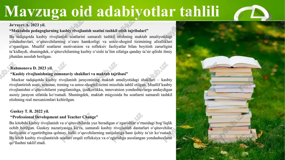 agogik kengash qaroriga asosan haftasiga ma’lum soatlar kasbiy rivojlanishga ajratilib, o‘qituvchilar qatnashishi majburiy qilib belgilangan. janubiy koreya maktablarida haftalik jadvalga maxsus “kasbiy rivojlanish soati” kiritiladi. bu vaqtda o‘qituvchilar bir sinfga yig‘ilib, darslarni videokuzatuv orqali tahlil qiladi, metodik muammolarni birgalikda muhokama qiladi va yangi usullarni sinovdan o‘tkazadi. direktor va metodik kengash bu mashg‘ulotlarni nazorat qilib, barcha o‘qituvchilar ishtirokini ta’minlaydi. krs doirasida “bir o‘qituvchi – bir innovatsion g‘oya” loyihasini joriy etib, pedagoglarning ijodkorlik faoliyatini rag‘batlantirish. 2 metodik birlashmalarda krs faol qo‘llanmoqda – dars tahlili, yangi metodikalar bilan tanishish, davlat ta’lim standartlari bo‘yicha o‘zgarishlarni muhokama qilish krs doirasida amalga oshirilmoqda. yaponiyada har bir maktabda yil davomida bir necha bor “lesson study” sessiyalari tashkil etiladi. o‘qituvchilar navbatma-navbat ochiq dars o‘tadi, qolganlar kuzatib, keyin kasbiy rivojlanish soatida birgalikda muhokama qiladi. muhokama natijasida dars rejalari takomillashtirilib, shu kuniyoq amaliyotga joriy etiladi. maktab rahbariyati bu jarayonga vaqt va resurs ajratadi. maktablarda krsni qanday samarali o‘tkazish bo‘yicha yagona …