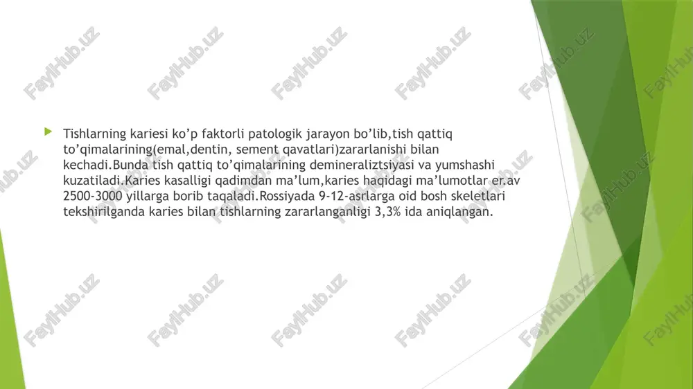 lik suvi,nasliy va emal shakllanishidagi sharoit ham rol o’ynaydi.miller o’zini teoriyasini tajribasi orqali isbotlamoqchi bo’ldi.olingan tishlarni yaxshi chaynalgan non va go’sht so’lakli aralashmaga 2-4% shakar qo’shib termostatda 37 gradusda saqlaydi.ma’lum bir vaqt o’tkandan keyin tishlar emalida demineralizatsiya kuzatilib, karisedagi demineralizatsiyaga o’xshab ketadi,lekin bu teoriyada kamchilik taraflari ham bor edi,ya’ni miller demineralizatsiya jarayonida og’iz bo’shlig’i ph juda ham pasayib ketadi va og’iz bo’shlig’i suyuqligini neytralizatsiya qilish kerak deydi,lekin bu xato bo’ladi ya’ni bunda so’lakning ph 6,8-7 tashkil qiladi,kariesgen faktorla natijasida ham ph4,5-5 gacha tushmaydi. entin nazariyasi bo’yicha tish to’qimasi yarim o’tkazuvchan membrana bo’lib osmotic tok o’tadi.yaxshi sharoitda osmotik tok markazga intilib harakat qiladi va emal va dentinni oziqlantirib,no’joya ta’sirlarni oldini oladi.nojo’ya sharoitlarda esa osmotic toklarni markazga intilishi pasayib,markazdan qochish kuchayadi,bu esa o’z navbatida emalning oziqlanishini pasaytirib, tashqi ta’sirlarni kuchaytirib, kariesga olib keladi.so’lak qonga qaraganda o’zgaruvchan bo’lganligi uchun tashqi ta’sirla natijasida so’lakda o’zgarishlar ketadi,bu esa emalning organic asosidagi kolloidlarni shishiga olib kelib, …