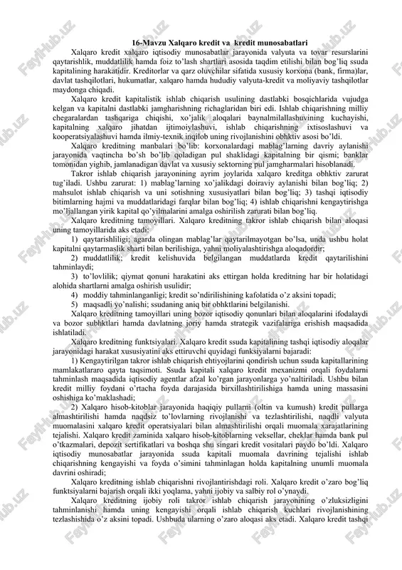 to’lov muddatini kechiqtirish asosida sotishga asoslangan kreditdir. aktsentli kredit - bu yirik bank tamonidan tarttalarni aktsept lash shaklida beriladigan kreditdir. agar eksport qiluvchi import qiluvchining to’lovga kobilyatidan shubxa qilsa yoki to’lov yig’indisini tezda xoxlasa, ushbu kreditdan foydalaniladi. 15-mavzu kreditlash jarayoni va uni tashkil qilish asoslar. kreditning kuyidagi vazifalari mavjud: birinchidan, pulga tenglashtirilgan to’lov vositalarini (masalan veksel, chek sirtifikat va x.k) ezaga chiqarib, ularni xujaliik obarotiga jalb qiladi. ikkinchidan, u bo’sh pul mablag’larini xarakatdagi, ishdagi kapitalga aylantirib pulni topadi degan koidani amalga oshiradi. uchinchidan, karz berish orkali pul mablaglarini turli tarmoklar o’rtasida kayta taksimlash bilan ishlab chiqarish resurslarining kuchib turishini taxminlash. turtinchidan, karz berish, karzni undirish vositalari orkali iqtisodiy o’sishni ragbatlantrish. kredit va undan foydalanish natijasida turli natijalarga erishiladi. bu natijalar salbiy yeki ijobiy bo’lishi mumkin. ijobiy natijalar deganda kreditdan samarali foydalanish natijasida kulga kiritilgan yutuklar tushuniladi. masalan andijonni asaka shaxrida asosan bank krediti hisobidan kurilgan yangi avtomobil zavodi respublikaning yengil …