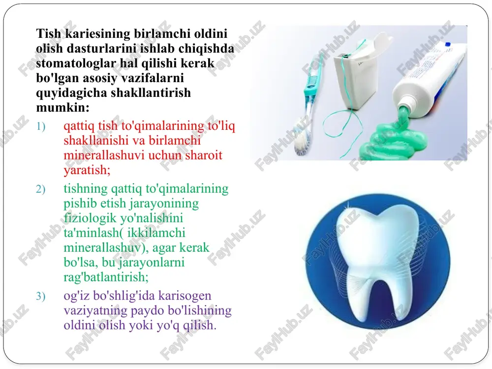 lar va xodimlarni hisobga olgan holda mintaqaviy maqsadlar tuzilishi mumkin. muayyan maqsadlarga quyidagilar misol bo'la oladi: tish kariesining intensivligi va tarqalishining pasayishi kpuz(kpu) va kpup (kpr)indekslarining pasayishi, kariessiz odamlar sonining ko'payishi.periodontal to'qimalarning shikastlanish belgilarini ko'rsatgan shaxslar foizining pasayishi; periodontal kasalliklarni davolash indeksi (cpitn) bo'yicha asosiy yosh guruhida qon ketish, tish toshlari va patologik cho'ntaklar bilan sekstantlarning kamayishi. og'iz gigienasini yaxshilash choralari ham ushbu maqsadlar bilan chambarchas bog'liq: blyashka tavsiflovchi indekslar qiymatining pasayishi; og'iz bo'shlig'ini to'g'ri parvarish qiladigan odamlar sonining ko'payishi. shilliq qavat kasalliklari va og'iz bo'shlig'ining xavfli kasalliklarining oldini olish: ko'rsatilgan patologik sharoitlarga ega odamlar sonining kamayishi; ushbu kasalliklarga moyil bo'lgan yomon odatlar yoki sharoitlarning tarqalishini kamaytirish. profilaktika usullari va vositalarini tanlash profilaktika usullarini tanlashga quyidagi omillar ta'sir qilishi mumkin : tish kasalliklarining tarqalishi va intensivligi;tibbiy va stomatologik xizmatlarning holati; ishtirok etadigan xodimlar bilan ta'minlashprofilaktika dasturlarini amalga oshirish; moliyalashtirish; aholining umumiy salomatligi holati; ovqatlanish odatlari, ayniqsa shakarni iste'mol qilish;ichimlik suvining …