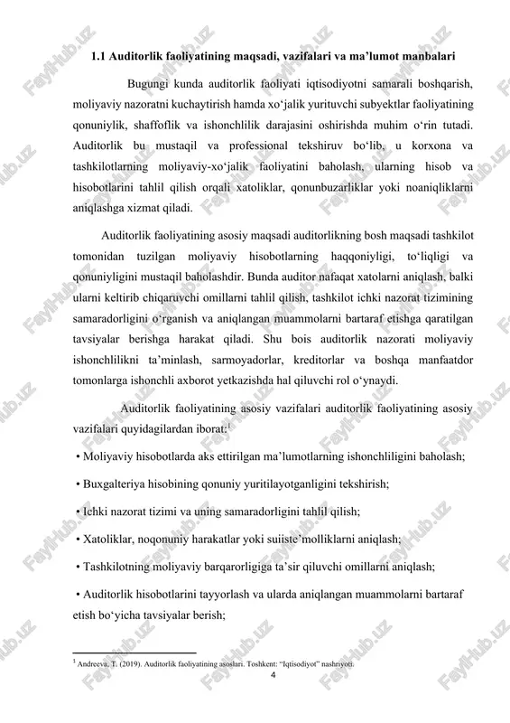 tan ishonch hosil qilish, moliyaviy intizomni kuchaytirish va shaffof boshqaruvni ta’minlashdan iborat. shu sababli, zamonaviy iqtisodiy sharoitda auditorlik faoliyatining ahamiyati yanada ortib bormoqda. 1-jadval: auditorlik faoliyatining asosiy maqsadlari va vazifalari[footnoteref:2] [2: kamilov, m. & aliyev, o. (2020). auditorlik tekshiruvlari va moliyaviy hisobotlarning haqqoniyligi. tashkent: “innovatsion iqtisodiyot” nashriyoti.] t/r auditorlik faoliyatining maqsadlari asosiy vazifalari 1 moliyaviy hisobotlarning ishonchliligini baholash moliyaviy hisob va hisobotlar to‘g‘riligini tekshirish 2 xatoliklar, noqonuniy harakatlarni aniqlash huquqbuzarliklarni aniqlab, profilaktik choralarni taklif etish 3 tashkilotning moliyaviy holatini tahlil qilish ichki nazorat tizimining samaradorligini baholash 4 moliyaviy shaffoflikni oshirish auditorlik hisobotini tayyorlash va tavsiyalar ishlab chiqish 5 tashqi va ichki foydalanuvchilar uchun ishonchli axborot yetkazish foydalanuvchilarga aniqlik kirituvchi tahliliy axborotlar taqdim etish auditorlik faoliyatining maqsadlari va vazifalari tashkilotda moliyaviy intizomni mustahkamlash, hujjatlar yuritilishining qonuniyligini ta’minlash va ichki boshqaruv tizimini kuchaytirishga qaratilgan. yuqoridagi jadvalda ko‘rsatilganidek, auditorlik faoliyati, eng avvalo, tashkilot buxgalteriya hisobotlarining ishonchliligini tekshirish va uni mustahkamlash orqali moliyaviy holatni …