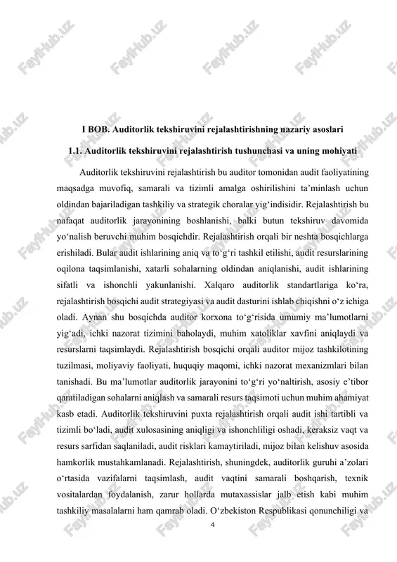 an foydalanish, zarur hollarda mutaxassislar jalb etish kabi muhim tashkiliy masalalarni ham qamrab oladi. o‘zbekiston respublikasi qonunchiligi va amaliy auditorlik tajribasi ham auditni rejalashtirish bosqichiga katta e’tibor qaratadi[1]. jumladan, “auditorlik faoliyati to‘g‘risida”gi qonun, moliya vazirligining auditorlikni tartibga soluvchi nizomlari, auditorlar palatasi tavsiyalari va xalqaro standartlar asosida auditni rejalashtirish zarurati asoslab berilgan. shuni alohida ta’kidlash kerakki, auditni rejalashtirish faqat bir martalik bosqich emas, balki butun audit jarayoni davomida takomillashib, yangilanib boradigan dinamik jarayondir. tashkilot faoliyatida yuz beradigan o‘zgarishlar, audit davomida yuzaga chiqadigan yangi ma’lumotlar asosida reja moslashtirilishi mumkin. auditorlik tekshiruvini samarali tashkil qilish, auditning asosiy maqsadiga erishish, ishonchli va obyektiv auditorlik xulosasini taqdim etish uchun rejalashtirish bosqichi hal qiluvchi ahamiyatga ega. auditorlik tekshiruvini rejalashtirish jarayonida auditor tekshiruvdan oldin korxona haqida imkon qadar ko‘proq axborot to‘plashi zarur. ushbu ma’lumotlar, auditni samarali tashkil etish va to‘g‘ri reja ishlab chiqish uchun asos bo‘ladi. bunga korxonaning moliyaviy holati, biznes jarayonlari, faoliyat turlari, uzoq muddatli moliyaviy …