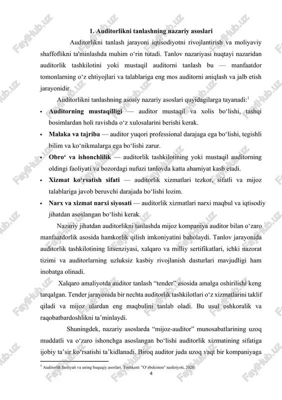viy axborotning haqqoniyligini tasdiqlashi uchun, uni tanlash jarayonida quyidagi yondashuvlardan foydalaniladi:[footnoteref:2] [2: xalqaro audit standartlari (isa). bmt, 2022.] 1. risk asosida tanlash. kompaniyalar o‘z faoliyatidagi moliyaviy va huquqiy xatolar xavfini baholab, auditor tanlaydi. risk darajasi yuqori bo‘lsa, tajribali va kuchli auditorlik tashkiloti tanlanadi. 2. xizmat ko‘rsatish turlari asosida tanlash. auditorlar nafaqat moliyaviy hisobot auditi, balki soliq auditi, ichki audit, konsalting kabi xizmatlarni ham ko‘rsatadi. tashkilotlar o‘z ehtiyojiga mos ravishda ixtisoslashgan auditorni tanlaydilar. 3. tajriba va soha mutaxassisligi. ayniqsa, banklar, sug‘urta kompaniyalari yoki ishlab chiqarish korxonalari o‘z sohasida tajribaga ega auditorlarni tanlashga intiladi. chunki har bir sohada moliyaviy hisobot yuritishning o‘ziga xos xususiyatlari mavjud. 4. xalqaro standartlarga muvofiqlik. bugungi kunda ko‘plab yirik kompaniyalar xalqaro audit standartlariga (isa) mos faoliyat yuritadigan auditorlarni tanlashni afzal ko‘rmoqda. bu ularning xalqaro investorlar va hamkorlar oldidagi ishonchliligini oshiradi. 5. axborot texnologiyalaridan foydalanish. zamonaviy auditorlik tashkilotlari raqamli texnologiyalar, big data tahlili va elektron hujjat aylanishi tizimidan foydalanishni …