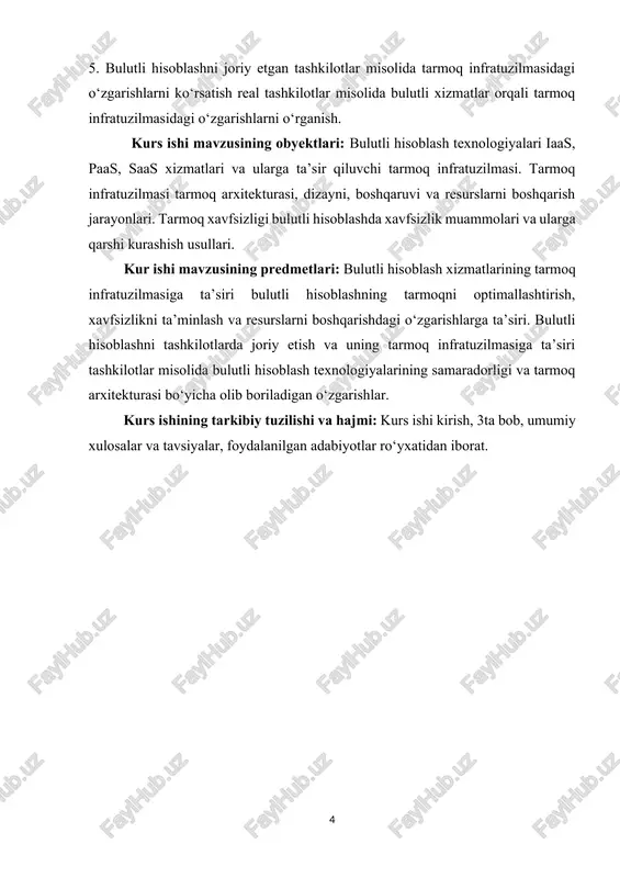 ish, 3ta bob, umumiy xulosalar va tavsiyalar, foydalanilgan adabiyotlar ro‘yxatidan iborat. i bob. bulutli hisoblash texnologiyalarining asosiy tushunchalari 1.1. bulutli hisoblashning ta’rifi va asosiy xususiyatlar bulutli hisoblash bu foydalanuvchilarga internet orqali turli resurslar, dasturiy ta’minotlar, ma’lumotlar saqlash va hisoblash quvvatlaridan foydalanish imkonini beruvchi texnologiyadir. bulutli hisoblash asosida xizmatlar onlayn tarzda taqdim etiladi, bu esa foydalanuvchilarga kerakli resurslarga istalgan vaqtda va istalgan joydan kirish imkoniyatini yaratadi. bulutli hisoblash modelida ma’lumotlar va dasturlar “bulut” deb ataladigan masofaviy serverlarda saqlanadi va foydalanuvchilar bu ma’lumotlarga o‘z qurilmalaridan kirishadi. asosiy xususiyatlar talab bo‘yicha xizmatlar bulutli hisoblashda foydalanuvchilar faqat kerakli resurslarga to‘liq kirish huquqini olishadi, ya’ni faqat ular foydalanadigan resurslar uchun to‘laydi. bu foydalanuvchilarga xizmatlarni va resurslarni kerakli vaqtda va hajmda olish imkonini beradi. masshtablilik bulutli hisoblashning eng katta afzalliklaridan biri uning masshtabliligi hisoblanadi. foydalanuvchilar resurslarni kerakli darajada oshirish yoki kamaytirish imkoniga ega bo‘ladi, bu esa tez o‘zgaruvchi ehtiyojlarga moslashishga yordam beradi. resurslarni umumiy foydalanish bulutli …