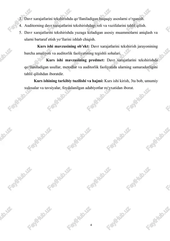 g samaradorligini tahlil qilishdan iboratdir. kurs ishining tarkibiy tuzilishi va hajmi: kurs ishi kirish, 3ta bob, umumiy xulosalar va tavsiyalar, foydalanilgan adabiyotlar ro‘yxatidan iborat. i bob. davr xarajatlarining nazariy asoslari 1.1. davr xarajatlari tushunchasi, turlari va ularning iqtisodiy mohiyati har qanday xo‘jalik yurituvchi subyekt o‘z faoliyatini amalga oshirish jarayonida turli xil xarajatlarga duch keladi. bu xarajatlar ishlab chiqarish, sotish, boshqaruv va boshqa sohalar bilan bog‘liq bo‘lishi mumkin. shular ichida davr xarajatlari alohida guruh sifatida ajratilib, ularning to‘g‘ri hisobga olinishi va tahlili tashkilotning moliyaviy barqarorligi va samaradorligini belgilaydi[1]. davr xarajatlari bu korxonaning muayyan hisobot davrida yuzaga kelgan, lekin bevosita mahsulot ishlab chiqarishga bog‘liq bo‘lmagan xarajatlardir. ular odatda foyda va zararlar hisobotida aks ettiriladi va mahsulot tannarxiga kiritilmaydi. ya’ni, bu xarajatlar ishlab chiqarish jarayoniga emas, balki davr bilan bog‘langan xarajatlardir[2]. davr xarajatlari quyidagicha tasniflanadi: 1. ma’muriy (boshqaruv) xarajatlar - bu rahbariyat faoliyati, ofis binosi ijarasi, xodimlar ish haqi, xizmat safarlari, aloqa va …
