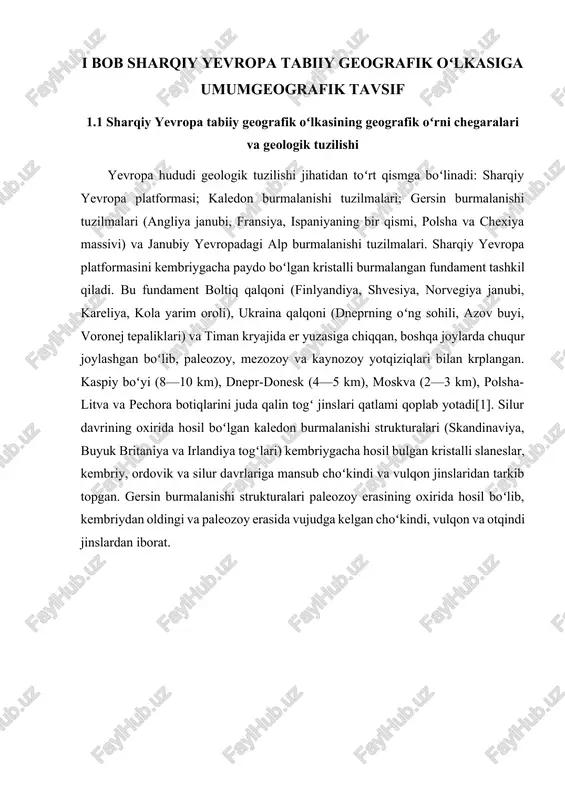 an yarim oroli, markaziy fransiya massivi, vogeza, shvarsvald, ardenna, slanesli reyn, gars togʻlari, ural va novaya zemlyadagi burmalangan yotqiziqlar kiradi. alp burmalanishi strukturalari tokembriy, paleozoy, mezozoy, kaynozoy eralariga mansub choʻkindi va otqindi jinslardan tarkib topgan. ularga qrim, stara-planina, karpat, alp, apennin, korsika, sardiniya, pireney, iberiya va bet togʻlari kiradi. neogen boshida koʻtarilgan togʻ tizmalari etagida akvitaniya, shveysariya-bavariya, karpat oldi va kavkaz oldi botiqlari, vena, vengriya botiqlari kabi toglararo botiqlar paydo boʻlgan hamda ular neogen-toʻrtlamchi davrlar yotqiziqlari bilan toʻlgan. neogen yotkiziqdari mavjud qora va oʻrta dengizlar botiklari kaynozoy erasida hosil boʻlgan. neogenda chuqur siniklar paydo boʻlishi bilan karpat togʻlarida, reyn daryosi buyida va b. joylarda vulqonlar otilgan. keyingi davrda vulqon otilishi italiyada (vezuviy, etna va boshqalar) davom etmoqda. togʻ tizmalarining koʻtarilishi va pastliklarning choʻkishi yer poʻstining eng yangi harakatlaridan dalolat beradi. sharqiy yevropa tekislik o‘lkasi geologik jihatdan yer po‘stining eng qadimgi, nisbatan barqaror bo‘lgan sharqiy yevropa platformasida tashkil topgan. platformaning yuza …