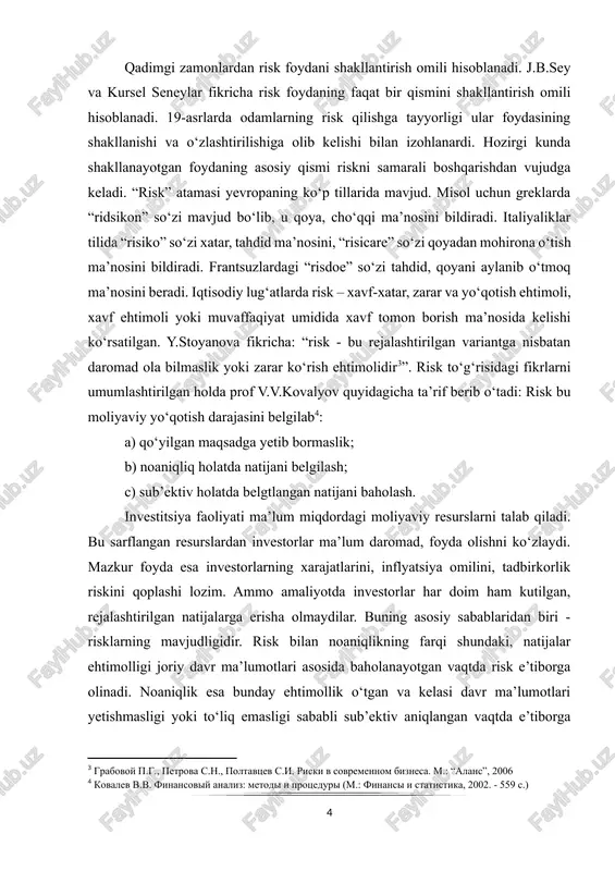 petrova s.n., poltavtsev s.i. riski v sovremennom biznesa. m.: “alans”, 2006] [4: kovalev v.v. finansoviy analiz: metodi i protseduri (m.: finansi i statistika, 2002. - 559 s.)] a) qo‘yilgan maqsadga yetib bormaslik; b) noaniqliq holatda natijani belgilash; c) sub’ektiv holatda belgtlangan natijani baholash. investitsiya faoliyati ma’lum miqdordagi moliyaviy resurslarni talab qiladi. bu sarflangan resurslardan investorlar ma’lum daromad, foyda olishni ko‘zlaydi. mazkur foyda esa investorlarning xarajatlarini, inflyatsiya omilini, tadbirkorlik riskini qoplashi lozim. ammo amaliyotda investorlar har doim ham kutilgan, rejalashtirilgan natijalarga erisha olmaydilar. buning asosiy sabablaridan biri - risklarning mavjudligidir. risk bilan noaniqlikning farqi shundaki, natijalar ehtimolligi joriy davr ma’lumotlari asosida baholanayotgan vaqtda risk e’tiborga olinadi. noaniqlik esa bunday ehtimollik o‘tgan va kelasi davr ma’lumotlari yetishmasligi yoki to‘liq emasligi sababli sub’ektiv aniqlangan vaqtda e’tiborga olinadi. har qanday holda ham kelgusi iqtisodiy holatlar istiqbolini belgilash (inflyatsiya, foiz stavkasi, talab va taklif, ishlab chiqarish, sotish hajmi va boshqalar) kelajakning ma’lum emasligi sababli faqat …