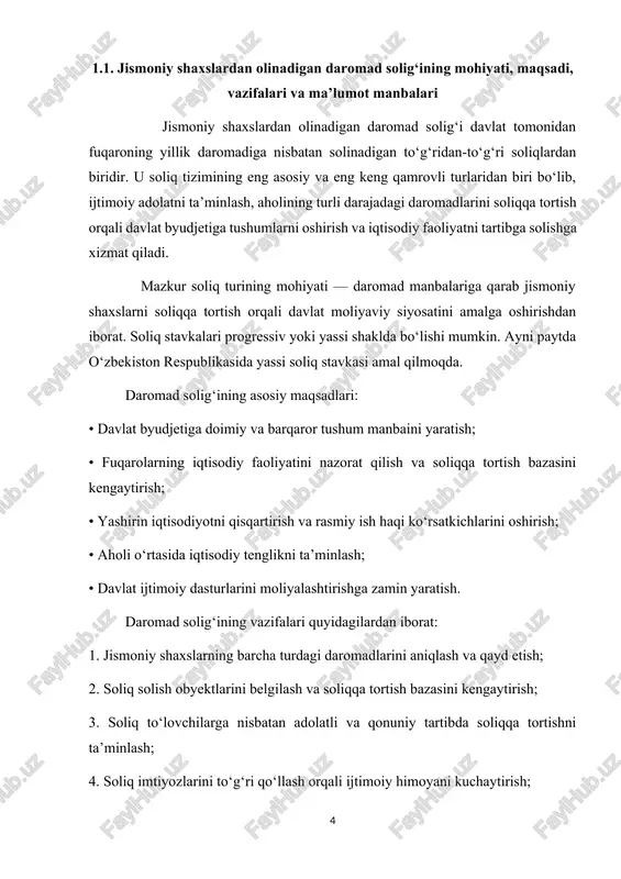 katta foyda beradi. jismoniy shaxslardan olinadigan daromad solig‘i (jsods) — davlat budjetiga tushadigan asosiy tushumlardan biri bo‘lib, u fuqarolarning daromadlaridan belgilangan stavka asosida ushlab qolinadi. bu soliq turi fuqarolarning davlat oldidagi iqtisodiy majburiyatini aks ettiradi va ularning ijtimoiy tengligini ta’minlashda muhim vosita hisoblanadi. jsodsni to‘lashda fuqarolarning daromad manbasi, darajasi, mehnat faoliyati shakli, doimiy yoki vaqtincha yashash holati inobatga olinadi. bu orqali davlat fuqarolarning daromadlarini qonuniy ravishda nazorat qiladi va ularni ochiq hisobda yuritadi. daromad solig‘i jismoniy shaxslardan quyidagi manbalar bo‘yicha undiriladi: • ish haqi, • ijara daromadi, • aksiyalardan dividend, • notijorat faoliyatdan olingan foyda, • bir martalik to‘lovlar (kompensatsiya, mukofot), • xizmat ko‘rsatish faoliyatidan tushgan daromadlar. davlat jsodsni belgilashda ijtimoiy himoya tamoyillarini ham hisobga oladi. masalan, ayrim toifadagi fuqarolar — nogironlar, ko‘p farzandli oilalar, urush qatnashchilari — soliqdan ozod qilinishi yoki imtiyozli stavkada to‘lashi mumkin. 2-jadval. jismoniy shaxslar daromadlariga solinadigan soliq stavkalari (2024-yil holatiga ko‘ra). daromad turi soliqqa tortiladimi? …