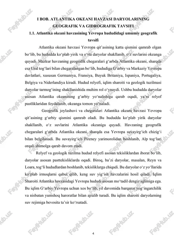 ma hudud relyefi asosan tekisliklardan iborat bo‘lib, daryolar asosan pasttekisliklarda oqadi. biroq, ba’zi daryolar, masalan, reyn va loara, tog‘li hududlardan boshlanib, tekisliklarga chiqadi. bu daryolar o‘z yo‘llarida ko‘plab irmoqlarni qabul qilib, keng suv yig‘ish havzalarini hosil qiladi. iqlim sharoiti atlantika havzasidagi yevropa hududi asosan mo‘tadil dengiz iqlimiga ega. bu iqlim g‘arbiy yevropa uchun xos bo‘lib, yil davomida barqaror yog‘ingarchilik va nisbatan yumshoq haroratlar bilan ajralib turadi. bu iqlim sharoiti daryolarning suv rejimiga bevosita ta’sir ko‘rsatadi. 1-jadval. atlantika okeani havzasiga mansub asosiy yevropa daryolari.[footnoteref:1] [1: european environment agency (eea), “european rivers and river basins”, www.eea.europa.eu.] daryo nomi uzunligi (km) suv yig‘ish maydoni (km²) oqib o‘tadigan davlatlar okeanga quyilish joyi reyn 1,230 ~185,000 shveytsariya, germaniya, niderlandiya shimoliy dengiz sena 775 ~78,650 fransiya la-manj bo‘g‘ozi loara 1,006 ~117,000 fransiya biskay ko‘rfazi temza 346 ~12,935 buyuk britaniya temza estuariyasi duero 897 ~98,400 ispaniya, portugaliya atlantika okeani tajo 1,007 ~80,100 ispaniya, portugaliya atlantika okeani elba …