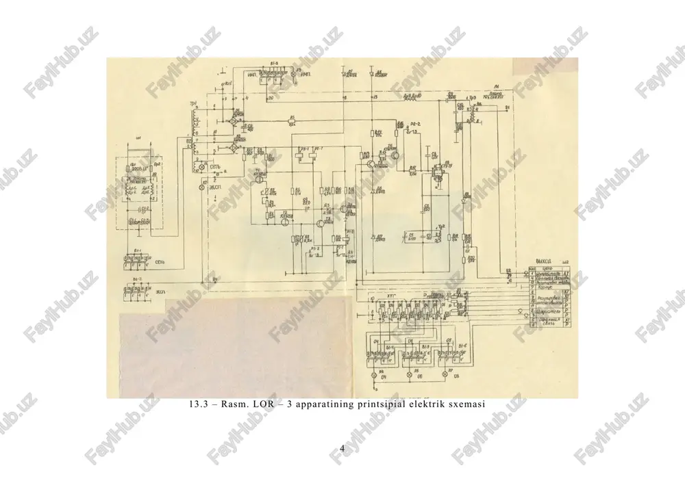 lanishi mumkin. 30 va 300 v li kuchlanish to’g’rilagichidan generator ta'minlaydi. e1 kremniyli to’g’rilagich blokida 300 v li kuchlanish to’g’rilagichi yig’ilgan (kst 405 j). 180 v li stabillashtirilgan doimiy kuchlanishdan l6 ning ekranli to’ri va chiqish kuchlanishi stabilizatori zanjiri ta'minlanadi. e2 kremniyli to’g’rilagich blokida 30 v li kuchlanish to’g’rilagichi yig’ilgan (kts 405 j). 15 v li stabillashtirilgan doimiy kuchlanishda vaqt relesi ta'minlanadi (d 815 e). elektromagnit tebranishlarini ut – tebranishlariga aylantirish uchun ut – nurlatgichi xizmat qiladi. ut – tebranishlarini olishda pezoeffekt hodisasidan foydalaniladi. apparat konstruktsiyasi generator konstruktiv jihatdan p-simon qo’yma alyuminiy ramaga o’rnatilgan bo’lib, aloxida olib yuriladigan pribor ko’rinishida tayorlangan, uning asosida burchakli temir (ugolnik) mahkamlangan. ramaning pastidan p1 tamg’ali platani tashkil etuvchi elementlari, tranzistorlar va elektron lampalar o’rnatilgan. p1 -plataning o’ng tomonida vertikal tarzda p3 platasi mahkamlangan bo’lib, unga chiqish quvvatini sekin moslovchi rezistor o’rnatilgan. yuqori o’ng tomonida shassi o’rnatilgan bo’lib, unga transformator, manba filtri, 6 ta indikator …