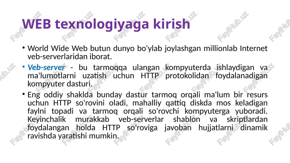 mkon beradi. tcp/ip (transmission control protocol/internet protocol): internetning asosiy asoslaridan biri. tcp jo'natuvchi va qabul qiluvchi o'rtasida aloqa o'rnatish va keyin barcha ma'lumotlarning muvaffaqiyatli yetkazib berilishiga ishonch hosil qilish orqali ma'lumotlarning ishonchli uzatilishini ta'minlaydi. ip tarmoqdagi ma'lumotlarni manzillash va marshrutlashni ta'minlaydi. http (hypertext transfer protocol): gipermatnni uzatish protokoli veb-sahifalar kabi gipermatnli hujjatlar shaklida ma'lumotlarni uzatish uchun ishlatiladi. xavfsiz versiya https (http secure) deb ataladi. ftp (file transfer protocol): fayl uzatish protokoli. tarmoqdagi qurilmalar o'rtasida fayllarni uzatish uchun ishlatiladi. ftp, sftp (ssh file transfer protocol) va ftps (ftp secure) kabi ko'plab ilovalar mavjud. internet protokollar smtp (simple mail transfer protocol): pochta uzatish protokoli. pochta serverlari o'rtasida elektron pochta xabarlarini yuborish uchun javobgar. pop3 (post office protocol version 3): pochta qabul qilish protokoli. serverdan mijoz kompyuteriga elektron pochta xabarlarini yuklab olish uchun foydalaniladi. imap (internet message access protocol): pochtalarni qabul qilish uchun yana bir protokol, pop3 ga nisbatan ancha rivojlangan. elektron pochtani …