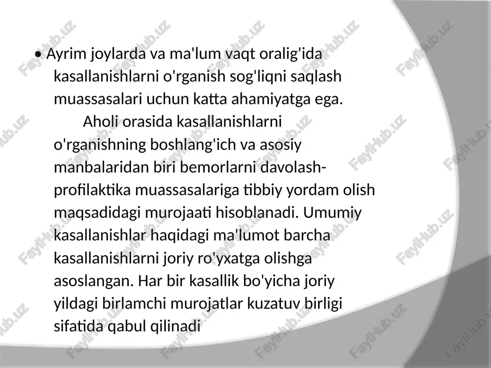amchi nogironlik ko'rsatkichi • joriy yilda birinchi marta nogironlik berilgan ishchilar(kolxozchilar)soni x 1000 voki 10000 • ishchilarning (kolxozchilarning) umumiy soni • 2. birlamchi nogironlik strukturasi (kasalliklar, yoshi, jinsi, ijtimoiy kelib chiqishi bo'yicha) • joriy yilda birinchi marta nogironlik berilgan ishchilar • (kasalliklar, yoshi , jinsi, ijtimoiy kelib chikish, bo'yicha) x100 • bir yilda birinchi marta nogironlik berilgan ja'mi ishchilar (kolxozchilarning) soni • 3. birlamchi nogironlikning guruhlar bo'yicha kattaliklari • yil mobaynida i-guruh ii - guruh, iii guruh nogironligi berilgan • shaxslar soni x1000 (10000) • ishchilarning umumiy soni • 4. birlamchi nogironlikni, nogironlik guruhlari orasida taqsimlanishi • i guruh(ii - iii guruh ) nogironligini olgan shaxslar soni x 100 • vmek tomonidan bir yilda birlamchi nogironlik berilgan shaxslar soni • 5. guruhlar bo'yicha nogironliklar dinamikasi (ushbu ko'rsatkichni ayrim guruhlar bo'yicha ham hisoblash mumkin) • joriy yildagi nogironlik ko'rsatkichi (birlamchi yoki umumiy) x 100 • o'tgan yildagi nogironlik ko'rsatkichi (birlamchi yoki …