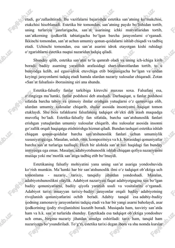 i shunday balandlikdagi shahar chetida o‘sib chiqqan axlat «tog‘i»ga qarab zavqlanmaysiz. chunki arslonxon minorasi me’morlik san’ati asari sifatida go‘zallik qonuniyatlari asosida bunyod etilgan; tog‘ esa tabiat yaratgan ulug‘vor go‘zallik. zavod mo‘risida ham, axlat «tog‘»ida ham hajm, miqdor boru, lekin bir narsa–go‘zallik etishmaydi. minora bilan tog‘dagi hajmni salobatga aylantiruvchi unsur, bu–go‘zallik. fojeaviylik xususiyatida ham go‘zallikning ishtirokini ko‘rish mumkin. misol sifatida lev tolstoyning «urush va tinchlik» romanidagi austrlitsda bo‘lib o‘tgan rus va fransuz qo‘shinlari to‘qnashuvidan so‘ng, jang maydonida yarador bo‘lib yotgan knyaz andrey bolkonskiyni eslaylik: bir qo‘lida bayroq dastasini ushlagancha ko‘m-ko‘k maysada moviy osmonga qarab yotgan, oppoq mundirli botir yigit–bayroqdor zobitning tepasiga kelgan napoleon uni o‘lgan deb o‘ylab, bu manzaradan hayratlanib: «mana bu–go‘zal o‘lim!», deydi. bu o‘rinda asar qahramonining o‘limi - fojeaviylik, o‘limning qahramonlikka aylanishi–ulug‘vorlik; fojeaviylik bilan ulug‘vorlik xususiyatlarining omuxtalashuvi natijasida esa go‘zal manzara, qayg‘uli va ulug‘vor go‘zallik vujudga kelgan. shuning uchun ham napoleonning hayrotomuz xitobi bejiz emas. demak, estetikaning asosiy tadqiqot …
