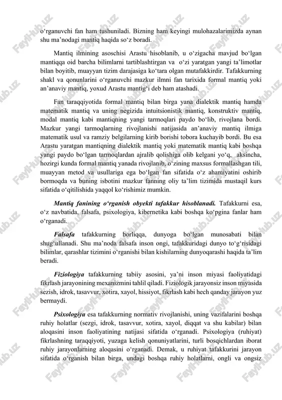 a. mantiq: o’quv qo‘llanma t.,2011 – b.- 3 – 38.] mantiq fan sifatida miloddan avvalgi iv asrda qadimgi gretsiyada vujudga kelgan bo‘lib, u yerda bu fan «logika» nomi bilan yuritilgan. dastlab logika grekcha – «logos», ya’ni «so‘z», fikr», aql», «qonuniyat» degan ma’nolarni anglatgan. «logika» tushunchasini ilmiy atama sifatida birinchi bor demokrit o‘zining «mantiqiylik yoki qoidalar haqida» asarida muomàlaga kiritgan[footnoteref:5]. [5: ivlev yu.v. logika. – m., 1976. – s. – 3; kirillov v.i., starchenkoa.a. logika. uchebnik dlya yuridicheskix vuzov. – izd. 6-e, pererab. i dop. – m., 2008. – s. – 6] o‘zbekcha «mantiq» so‘zi esa arabchadan kelib chiqqan bo‘lib, «tafakkur shakli va qonunlari haqidagi fan»ni anglatadi[footnoteref:6]. bu o‘rinda yana shuni aytish mumkinki, hozirgi zamon ilmiy muloqotida «mantiq» atamasining mazmuni ancha boyigan bo‘lib, u turli ma’nolarda ishlatiladi. chunonchi, «mantiq» atamasi bilan narsa va hodisalar taraqqiyotidagi o‘zaro bog‘lanish yoki tafakkur yordami bilan vujudga keladigan tushunchalar aloqasi va bog‘lanishi ifodalanadi. agar so‘z narsalarning …