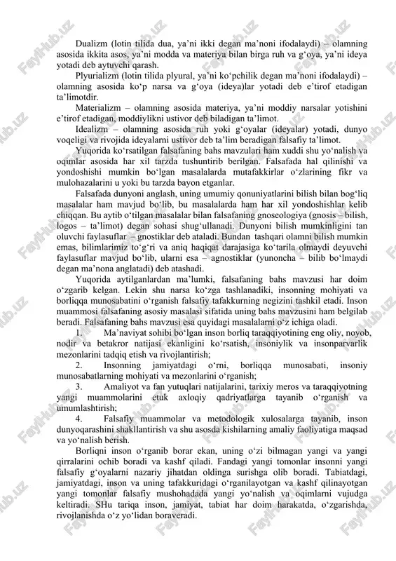 ik», ahmad yassaviyning «xikmat»lari, amir temurning «temur tuzuklari», erazm rotterdamskiyning «xristian jangchisi quroli», t.gobbsning «inson tabiati», b.spinozaning «ilohiy-siyosiy traktat» va «aql kamoloti haqida traktat», a.gelvetsiyning «inson haqida», i.kantning «osmon umuiy tarixi va nazariyasi», «sof aqlni tanqidi», gegelning «ruh falsafasi», l.feyerbaxning «xristianlikning mohiyati» asarlari misol bo‘la oladi. bu asarlarning mualliflari o‘z davrdagi ilm-fan asosida insonning boshqa mavjudotlardan tub farqlari, mohiyati, hayotining ma’nosi va mazmuni, bu yorug‘ olamdagi o‘rni, o‘limi va abadiyligi kabi muammolarni yoritganlar. inson bilimlari orta borgan sari jamiyat, uning moddiy va ma’naviy hayoti, ijtimoiy munosabatlar, siyosiy, huquqiy, axloqiy muammolar xam mutafakkirlarning e’tiborlarini o‘ziga jalb qila boshlagan. natijada, mutafakkir faylasuflar bu sohada ham tadqiqotlar olib borib, jamiyat haqida ko‘plab asarlar yaratdilar. bularga, aflotunning «davlat», «qonunlar», arastuning «siyosat» asarini, forobiyning «fozil odamlar shahari», «as-siyasa al madaniya» (siyosat ilmi), mirzo ulug‘bekning «to‘rt ulus tarixi», t.gobbsning «grajdanin to‘g‘risida», lokkning «qonunlarning ruhi to‘g‘risida», gegelning «tarix falsafasi» va «huquq falsafasi» kabi asarlarini misol qilish mumkin. …