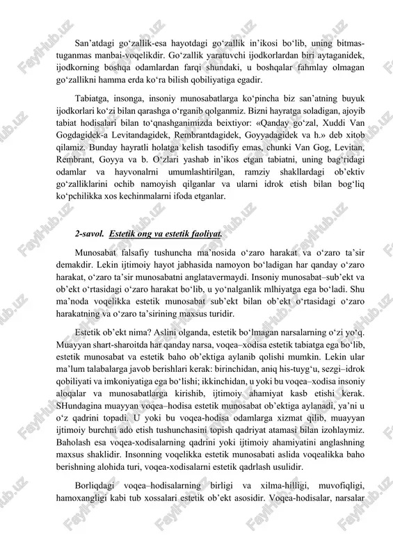ng dastlabki bosqichini belgilab berdi. birinchi paytlarda u o‘zida go‘zallik va foydalilik tomonlarinig teng-barobar bo‘lishini o‘zida ifodaladi. odamlar qurg‘oqchilikka qarshi mashaqqatli kurash olib borgan davrlarda er yuzida suv bilan bog‘liq bo‘lgan hamma narsa go‘zallik kasb etadi. yil davomida ko‘pchilik kunlar yog‘ingarchilik bilan o‘tgan erlarda quyosh eng go‘zal hodisa sifatida qabul qilindi. tabiatdagi go‘zallikka manfaat nuqtai nazaridan yondoshish, odamlarning hozirgi kunda ham asalari va oddiy arilarga berayotgan bahosidan qarama-qarshi his-tuyg‘ularga ko‘rinadi. bir vaqtning o‘zida ular ikkalasi ham jon og‘ritib chiqishlariga qaramay, odamlar uchun asalarida go‘zallik, oddiy arilar hunuklik tasavvurlari bilan bog‘langandir. go‘zallikni yuksak darajadagi foydalilik tarzida idrok etish tushunarli, albatta. lekin bunday qarash go‘zallikning ko‘rinishlaridan faqat bittasini o‘z ichiga oladi. biz yashab turgan asrda insoniyat ulkan vayron qilish qudratiga ega bo‘lgan ishlab chiqarish kuchlariga ham ega bo‘lib qoldi. shu narsa aniq-ravshan bo‘lib bormoqdaki, tabiatga faqat moddiy manfaatdorlik nuqtai nazaridan munosabatda bo‘lish butunlay istiqbolsizdir. insoniyat hozir tabiatni, atrof-muhitni himoya qilib, undan oqil …