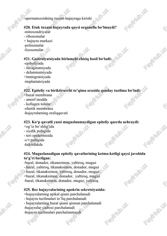 suyak to’qimasining rivojlanish manbai -osteogen hujayralar #37. mononuklear fagotsitlar sistemasining hujayralari: -osteoklastlar, fibroklastlar, mikrogliya, to’qima bazofillari - makrofaglar, fibrotsitlar, plazmatik hujayralar, limfotsitlar - peritsitlar, osteoblastlar, mikrogliya +makrofaglar, osteoklastlar, fibroklastlar, mikrogliya -o‘troq makrofaglar, bazofillar, limfotsitlar, limfoblastlar #38. plazmatik hujayralarga yahshi rivojlangan organellani aniqlang: +donador endoplazmatik to‘r - ribosoma va polisomalar - golji kompleksi -mitoxondriya -lizosom #39. siyrak tolali biriktiruvchi to’qimaning hujayraviy tarkibini aniqlang: -fibroblastlar, xondroblastlar, neyrotsitlar + fibroblastlar, retikulyar hujayralar, semiz hujayralar - osteotsitlar, gliotsitlar, endoteliotsitlar -retikulotsitlar, endoteliotsitlar, osteoblastlar -osteoklastlar, gliotsitlar, gistiotsitlar #40. makrofaglarga yahshi rivojlangan organellani aniqlang: -donador endoplazmatik to‘r + lizosomalar - ribosoma va polisomalar -golji kompleksi -mitoxondriyalar #41. geparin va gistamin sintezlanadigan biriktiruvchi to’qima hujayrasi: -fibroblast - makrofag - plazmotsit -adipotsit +semiz hujayra #42. naysimon suyakning bo‘yiga o‘sishini ta'minlaydi: -periost + metaepifizar plastinka - endost -tashqi, ichki, umumiy plastinkalar -osteonlar #43. semiz hujayralarni belgilovchi ferment: -ishqoriy fosfataza - kislotali fosfataza + gistidindekarboksilaza -perksidaza -sitoxromoksidaza #44. izogen guruhlar nima …