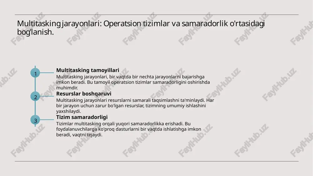 multitasking jarayonlari operatsion tizimlar uchun samaradorlikni oshiradi. bu, bir vaqtning o'zida bir nechta jarayonlarni bajarish imkonini beradi va resurslarni optimal taqsimlaydi. 03 resurslarni boshqarish resurslarni taqsimlash jarayoni jarayonlar o'rtasida muvozanatni saqlashda muhimdir. samarali boshqarish esa tizimning umumiy ishlashini yaxshilaydi va foydalanuvchilarga xizmat ko'rsatishni oshiradi. /docprops/thumbnail.jpeg