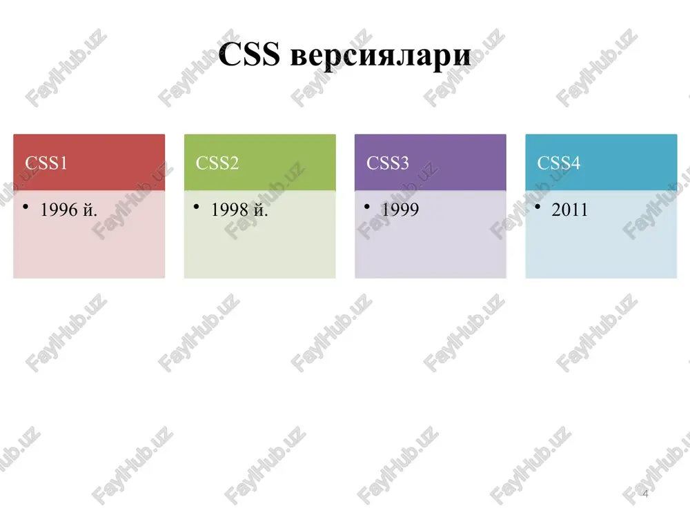 psevdo-elementi: ::first-line bilan quyidagi css xususiyatlarni o'rnatish mumkin: 26 font xususiyatlari rang xususiyatlari so'z oraliqlari harf oraliqlari orqa fon xususiyatlari vertikal tekislanish text-decoration text-transform line-height clear psevdo-elementlar selektori ::selection psevdo-elementi: ::selection{ css qoidalar; } ::-moz-selection { /* code for firefox */ color: red; background: aqua; } ::selection { color: red; background: aqua; } select some text on this page: this is a paragraph. this is some text in a div element. 27 psevdo-sinflar selektori psevdo-elementlar selektorlaridan html elementning maxsus holatlarida stil berishda foydalaniladi: foydalanuvchi sichqoncha tugmasini element ustiga olib kelganda stil berish; tashrif buyurilgan va tashrif buyurilmagan har xil havolalarga stil berish; html elementning fokus holatida stil berish. selector:pseudo-class { property:value; } 28 psevdo-sinflar selektori selektor nomi misol :active a:active :link a:link :hover a:hover :visited a:visited :checked input:checked :disabled input:disabled :empty p:empty :enabled input:enabled :first-child p:first-child :first-of-type p:first-of-type :focus input:focus :in-range input:in-range :invalid input:invalid :lang(language) p:lang(it) :last-child p:last-child :last-of-type p:last-of-type …