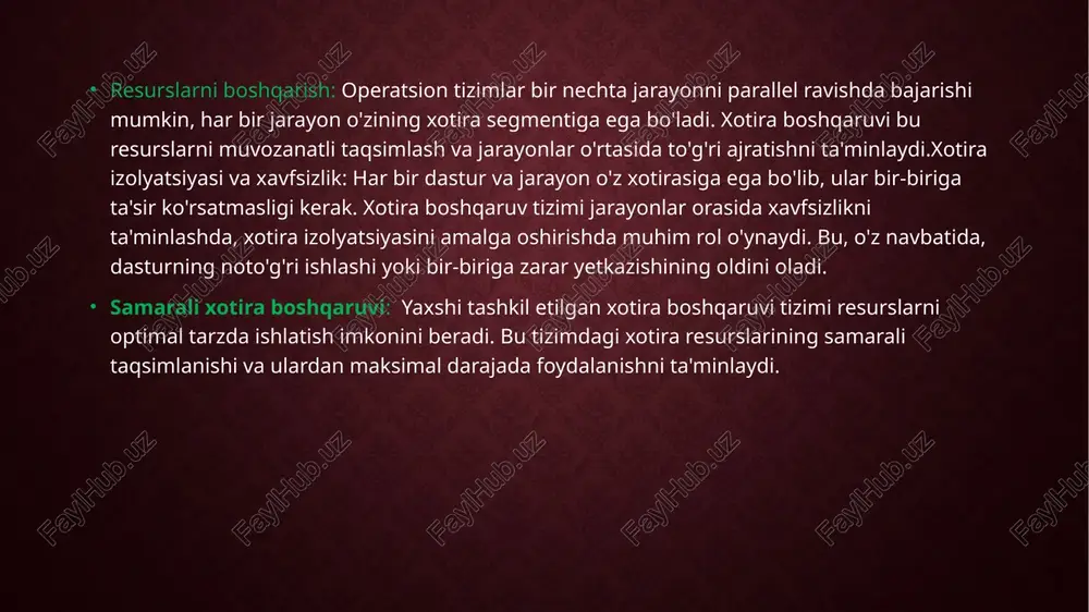 da foydalanish va tizimda yuzaga kelishi mumkin bo'lgan muammolarni (masalan, xotira fragmentatsiyasi yoki xotira to'lib qolishi) oldini olish uchun ishlab chiqilgan. first fit (birinchi mos keladigan joyni tanlash): bu algoritm tizimda mavjud bo'lgan bo'sh xotira bloklarini tekshiradi va birinchi mos keladigan bo'sh joyni tanlaydi. best fit (eng kichik mos joyni tanlash): bu algoritm mavjud bo'sh joylarni tekshiradi va eng kichik mos bo'sh joyni tanlaydi. bu yordamida bo'sh joydan maksimal darajada foydalaniladi. worst fit (eng katta mos joyni tanlash): bu algoritm mavjud bo'sh joylarni tekshiradi va eng katta bo'sh joyni tanlaydi. fragmentatsiya: xotira bloklari bo'sh joylar bilan ajralib qolishi mumkin. bu resurslarning samarali ishlatilishini kamaytiradi va tizimni sekinlashtiradi. sahifa xatoliklari: virtual xotiradagi sahifalar disktagi swap fayllaridan olinishi kerak bo'lganda, tizim tezligini pasaytiradi. diskga kirish vaqtini kamaytirish uchun swap fayllarini tezroq saqlash vositalariga o'tish mumkin. resurslarni isrofgarchilik bilan ishlatish: ba'zi algoritmlar xotira resurslarini juda tez ajratishi mumkin, ammo keyinchalik kerak bo'lmagan joylarda …