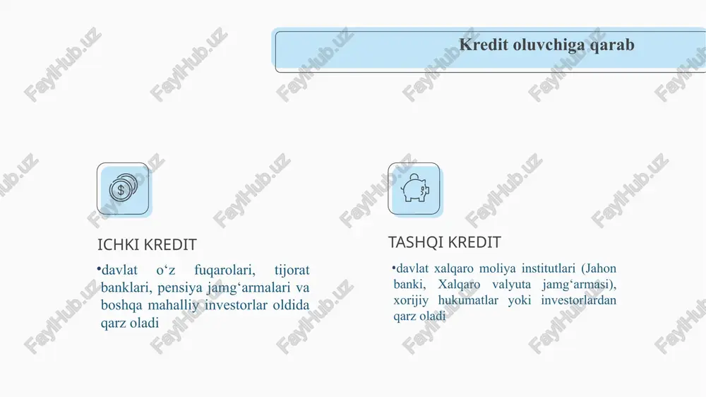 2.3. davlat qarzi 17 834 100% 23 367 100% 26 323 100% 29 231 100% 34 927 100% 40 199 100% yaimga nisbatan foizda 26,5% 35,2% 34,0% 32,4% 34,4% 35,0% i tashqi qarz 15 687 88% 21 093 90% 23 582 90% 25 914 89% 29 639 85% 33 720 84% ii ichki qarz 2 147 12% 2 274 10% 2 741 10% 3 317 11% 5 288 15% 6 479 16% yaimga nisbati 23,3% 31,8% 30,5% 28,8% 29,2% 29,3% 6% 1 703 6% 3 674 11% 5 136 13% oʻzgaruvchan foiz stavkada 424 2% 293 1% 295 1% 224 1% 259 1% 103 0% foizsiz 156 1% 350 1% 976 4% 1 390 5% 1 355 4% 1 240 3% milliy valyutada denominatsiya qilingan 1 007 6% 1 188 5% 1 158 4% 1 831 6% 1 860 5% 3 081 8% chet el valyutasida denominatsiya qilingan 1 140 …
