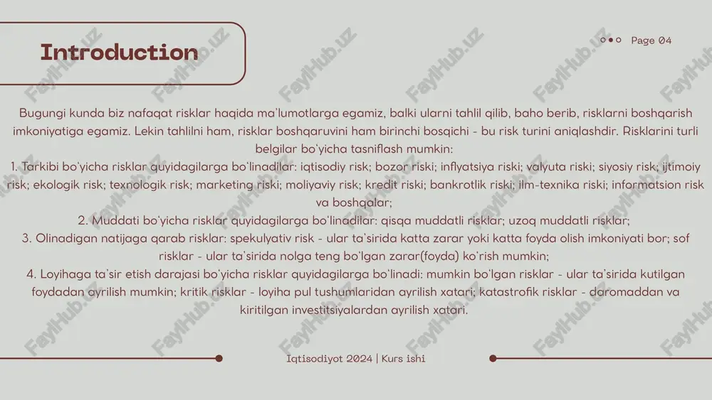 darajasi kamaymasa yoki ta’sir doirasi kengayib borsa u holda riskni boshqarishda evristik uslubdan foydalanish mumkin. bu uslub orqali riskni mantiqiy jihatdan fikrlash, hayotiy tajribalardan xulosa chiqarish va aniq mezonini ishlab chiqish mumkin. conclusion iqtisodiyot 2024 | kurs ishi page 11 e’tiboringiz uchun tashakkur o’. azamat | iqtisod 2024 image1.png image2.png image3.png image4.svg /docprops/thumbnail.jpeg