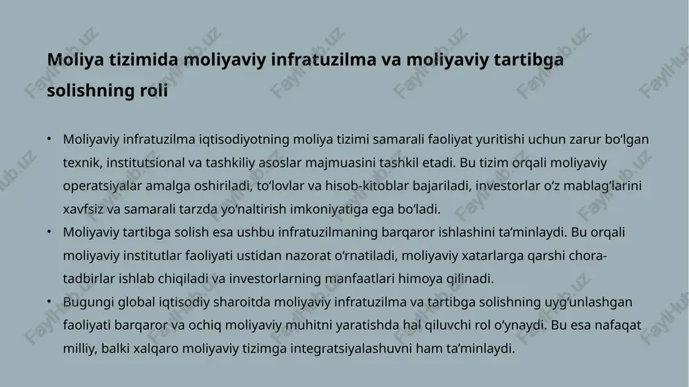 oliya tizimining ishonchliligi va ochiqligini ta’minlashga xizmat qiladi. moliyaviy infratuzilma doirasida amalga oshiriladigan operatsiyalar mazmuni va turlari moliyaviy infratuzilma doirasida turli xil moliyaviy operatsiyalar amalga oshiriladi. ushbu operatsiyalar orqali iqtisodiy subyektlar o‘z mablag‘larini boshqaradi, investitsiya kiritadi va risklarni diversifikatsiya qiladi. asosiy moliyaviy operatsiyalar: 1. to‘lov va hisob-kitob operatsiyalari – naqd va naqdsiz shaklda pul mablag‘larini o‘tkazish. 2. kreditlash operatsiyalari – banklar yoki moliyaviy institutlar tomonidan jismoniy va yuridik shaxslarga kreditlar ajratilishi. 3. qimmatli qog‘ozlar bilan savdo – obligatsiyalar, aksiyalar, derivativlar savdosi. 4. sug‘urta operatsiyalari – moliyaviy xavflarni sug‘urtalash, qayta sug‘urtalash va risklarni boshqarish. 5. investitsiya operatsiyalari – real va moliyaviy aktivlarga mablag‘ kiritish, kapitalni samarali taqsimlash. 6. konversiya va valyuta operatsiyalari – xorijiy valyutalarni almashtirish, xalqaro to‘lovlar. mazkur operatsiyalar moliyaviy infratuzilma orqali tezkor, ishonchli va xavfsiz tarzda amalga oshiriladi. ular orqali iqtisodiyotda kapital oqimi to‘g‘ri yo‘naltiriladi va moliyaviy barqarorlik ta’minlanadi. moliyaviy tartibga solishning ahamiyati moliyaviy tartibga solish – bu moliyaviy …