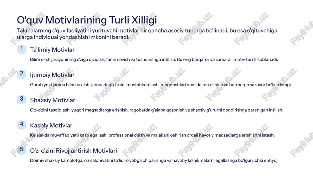 lhom manbai bo'lishi lozim, ularga nafaqat bilim, balki o'rganishga bo'lgan ishtiyoqni ham o'rgatishi kerak.» 8 motivatsiyani pasaytiruvchi asosiy omillar pedagogik jarayonda e'tibor berilishi kerak bo'lgan, talabalar motivatsiyasiga salbiy ta'sir ko'rsatuvchi omillar mavjud. ularni bartaraf etish ta'lim sifatini oshiradi. haddan tashqari nazorat avtonomiya va mustaqillikni cheklash talabaning ichki motivatsiyasini o'ldiradi. muvaffaqiyatsizlik qo'rquvi xato qilishdan qo'rqish, ayniqsa jamoa oldida, talabani harakatdan to'xtatadi. bir xillik va zerikish bir xil metodlar va jarayonlar ta'limga bo'lgan qiziqishni tezda yo'qotadi. noadolat munosabat o'qituvchining noxolis yoki tarafkash munosabati talabalar orasida ishonchsizlikni keltirib chiqaradi. doimiy tanqid faqat salbiy tomonlarni ko'rsatish va konstruktiv baho bermaslik ruhlantirish o'rniga tushkunlikka olib keladi. 9 motivatsiyani oshirishning yakuniy strategiyalari samarali pedagogika har doim talabaning ehtiyojlari va qiziqishlariga asoslanishi kerak. quyidagi strategiyalar o'quvchilarning faolligini doimiy ravishda yuqori ushlab turadi: aniq maqsadlar o'quvchi o'rganish jarayonining yakuniy natijasi va uning shaxsiy foydasini bilishi kerak. maqsadlar smart tamoyiliga mos kelishi lozim. ijobiy muhit darslarda xavfsizlik, ochiqlik va …