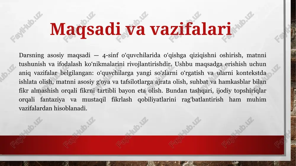 yoki beshta darajali baholash jadvali ishlab chiqilib, o‘quvchilarga oldindan tanishtiriladi. differensiyalash va qo‘llab-quvvatlash strategiyalari darsda har bir o‘quvchining individual ehtiyojlari inobatga olinishi zarur. zaif o‘quvchilar uchun matn qismlarga bo‘linib, qo‘shimcha tushuntirish va vizual yordam ko‘rsatiladi, mustaqil o‘qishga qo‘shimcha audio fayllar yoki oddiylashtirilgan variantlar taqdim etiladi. yuqori darajadagi o‘quvchilar uchun esa kengaytirilgan topshiriqlar, muhokama savollari yoki qo‘shimcha adabiy tahlil ishlari beriladi. guruh ichida rollarni taqsimlash va yordamchi o‘qituvchi yoki voluntyorlarni jalb qilish orqali har bir o‘quvchi samarali ishtirok etishi ta’minlanadi. e'tiboringiz uchun rahmat! image3.jpg /docprops/thumbnail.jpeg