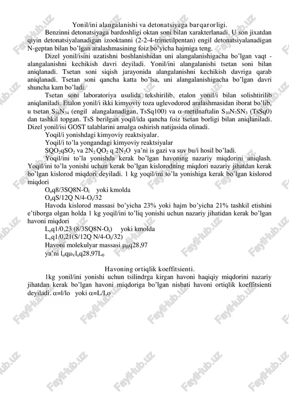 ga bo/liqligi bilan harakterlanadi. uni maxsus asbob orqali qizdirib, ketma-ket reaktsiyasini tekshirish uchun olinadi. fraktsiya tarkibi gost bo’yicha aniqlanadi. xarakterli nuqtalari yonil/ini 10, 50, 90% hajmini qaynashidagi harorati hisoblanadi. benzinlarda esa bundan tashqari oxirgi qaynash harorati ham hisobga olinadi. yonil/ini fraktsion tarkibini haroratiga bo/liqlik grafigi rektsiyani qizdirish yoki haydash egriligi deyiladi. 1-benzin 2-kerosin 3-dizel yonil/isi 4.1-rasm. turli yonil/ilarni fraktsiyaga ajratish egri chizi/i. benzin 35...55s dan to 200s gacha, dizel yoqil/isi 185...200 0 s dan 350s gacha haydaladi. h h h h – c – c – c – h h | h h – c –h h h h h h h h h h h–c–c–c–c–c–c–c–c–h h h h h h h h h yonil/ini alangalanishi va detonatsiyaga barqarorligi. benzinni detonatsiyaga bardoshligi oktan soni bilan xarakterlanadi. u son jixatdan qiyin detonatsiyalanadigan izooktanni (2-2-4-trimetilpentan) engil detonatsiyalanadigan n-geptan bilan bo’lgan aralashmasining foiz bo’yicha hajmiga teng. dizel yonil/isini uzatishni boshlanishidan uni alangalanishigacha bo’lgan …