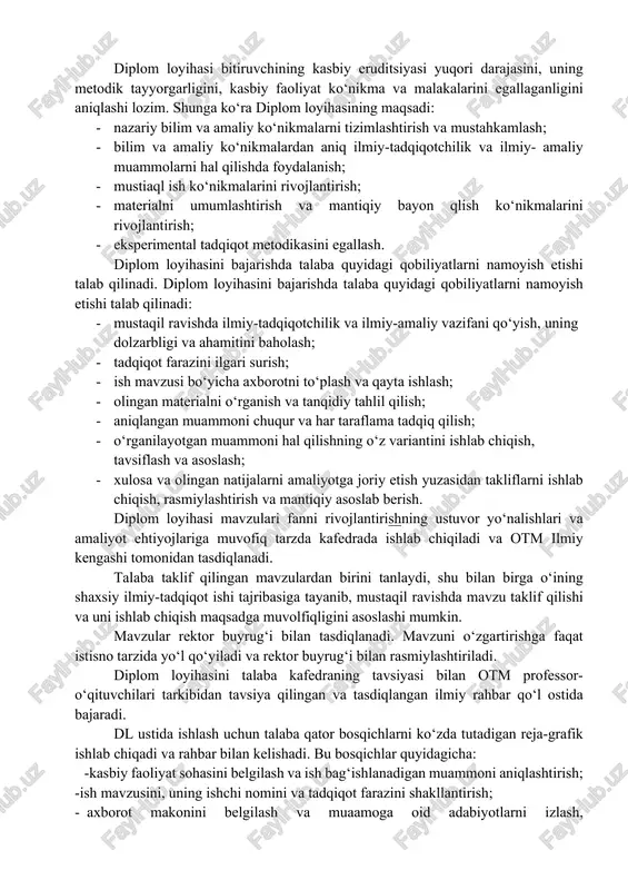 , shuningdek, talabalar savollariga javob beriladi. konsultatsiyalar o‘quv rejada mazkur ishga ajratilgan vaqt hajmi hisobiga amalga oshiriladi. talaba kurs ishi (loyiha)si ustida ishni tamomlagach, rahbar uni tekshiradi va yozma taqriz bilan talabaga tanishish uchun beradi. yozma taqriz kurs ishining berilgan mavzuga mosligi haqida xulosa, uni bajarish sifatiga baho, qo‘yilgan masalalarning to‘liq ishlanganligiga baho, talaba tomonidan ijodiy yondashilganligiga bahoni o‘z ichiga olishi kerak. kurs ishi (loyiha)siga taqriz, uni qabul qilishni o‘qituvchi o‘quv mashg‘ulotlaridan tashqari vaqtda amalga oshiradi. bu ishlarni bajarish uchun har bir kurs ishiga 1 soatdan vaqt ajratiladi. zurur hollarda kurs ishi rahbari kurs ishi himoyasini ko‘zda tutishi mumkin. kurs ishi bo‘yicha qoniqarsiz baho olgan talabalarga yangi kurs ishi mavzusini tanlash yoki odingisini qayta ishlash huquqi beriladi, uni bajarish uchun yangi muddat tayinlanadi. 2. diplom loyihasi talabani butun o‘qish davri uchun yakuniy attestatsiyalash shakli sanaladi, ham o‘qituvchi, ham baholovchi vazifa bajaradi. uning ustida ishlaganda talaba kurs ishi (loyiha)si bajarishda egallagan …