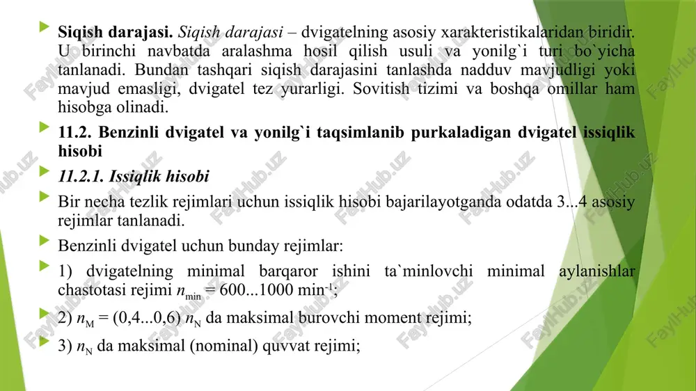 , porshen yo`li s ni 78 mm ga teng deb qabul qilib, pn = 5600 min-1 da porshen o`rtacha tezligini topamiz vp.o`r = s nn/(104  3) = 78  5600/(104  3) = 14,56 m/s u holda pm = 0,034 + 0,0113  14,56 = 0,1985 mpa. mexanik yo`qotishlar o`rtacha bosimini elektron purkagichli yuqori forsirovka qilingan dvigatellar uchun mo`ljallangan formula bo`yicha topamiz pm = 0,024 + 0,0053 vp.o`r = 0,024 + 0,0053  17,967 = 0,1192 mpa. o`rtacha effektiv bosim va mexanik f.i.k. pe = pi – pm va m = pe/pi: benzinli dvigatel uchun pe = 1,0675 – 0,1985 = 0,8690 mpa va m = 0,869/1,0675 = 0,8141; effektiv f.i.k. va yonilg`ining effektiv solishtirma sarfi e = i  m va ge = 3600/(hu  e): benzinli dvigatel uchun e = 0,33410,8141 = 0,2720 va ge = 3600/(43,930,272) = 301 g/(kvtsoat); silindr va dvigatelning asosiy parametrlari. litraj: benzinli …