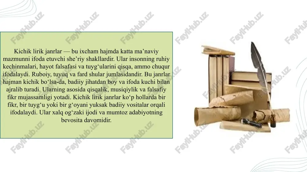 za o‘qi” va “qosh” obrazlari esa ishqning yarador qiluvchi kuchini bildiradi. tuyuq poetikasining asosiy mohiyati — qisqa shaklda so‘z o‘yini, majoz va tuyg‘uni uyg‘unlashtirish bo‘lib, navoiy ushbu asarda buni mukammal tarzda amalga oshirgan. tuyuq janrining o‘ziga xosligi, mazmuniy teranligi va so‘z o‘yini poetikasi tuyuq turkiy xalqlarga xos janr bo‘lib, tajnisli qofiyadan foydalaniladi, ya’ni bir xil so‘z turli ma’noda qo‘llanadi. quyidagi alisher navoiy tuyuqi bunga yorqin misoldir: fard janrining shakl va g‘oya jihatidan soddaligi hamda poetik imkoniyatlari fard — bitta baytdan iborat bo‘lib, bir fikrni to‘liq ifodalovchi kichik lirik janrdir. u boshqa janrlarga qaraganda hajman eng ixcham, lekin mazmunan teran shaklga ega. fardda ko‘pincha donishmandlik, axloq, muhabbat yoki hayot haqidagi hikmatli fikrlar mujassam bo‘ladi. uning shakli sodda, ammo mazmuni chuqur bo‘lgani uchun har bir so‘z badiiy vazifani bajaradi. fardlarda ko‘pincha kinoya, majoz va tasviriy vositalar orqali falsafiy xulosa ifodalanadi. navoiy, fuzuliy, ogahiy, munis kabi shoirlar fard janrida yuksak badiiy namunalar yaratgan. …
