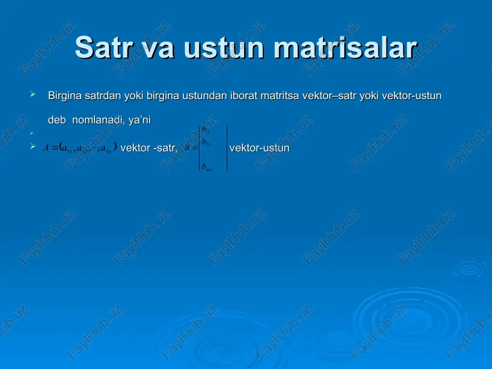 ’lsa, u holda uning determinanti nolga teng, ya’ni buladi. determinantning asosiy xossalari 7-xossa. agar a matritsaning biron satr (ustun) elementlarini boshqa satr (ustun) mos elementlarining algebraik to’ldiruvchisiga ko’paytirib yig’indi hosil qilsak, bunday yig’indi nolga teng bo’ladi, ya’ni 8- xossa. a-matritsaning biron-bir satri (ustuni) elementlarini bir xil songa ko’paytirib, boshqasiga qo’shish dan hosil bo’lgan - matritsaning determinanti matritsa determinantiga teng buladi, ya’ni . 9-xossa. sonlarni n- tartibli a matritsaning berilgan satr (ustun) mos elementlarining algebraik to’ldiruvchilariga ko’paytmasining yig’indisi, a matritsaning berilgan satr ustun elementlarining sonlari bilan almashtirilgan matritsa determinantiga teng bo’ladi. va tenglik o’rin li bo’ladi. 10-xossa. n- tartibli kvadrat a va b matritsalar uchun tenglik o’rinli bo’ladi, ya’ni matritsalar ko’paytmasining determinanti, ularning determinantlari ko’paytmasiga teng bo’ladi teskari matrisa a kvadrat matrisa uchun tenglik bajarilsa, u holda matrisa a matrisaga teskari matrisa deyiladi.(e birlik matrisa). xosmas matrisa a kvadrat matrisaning determinanti noldan farqli, ya`ni bo`lsa, u holda a matrisa xosmas matrisa …