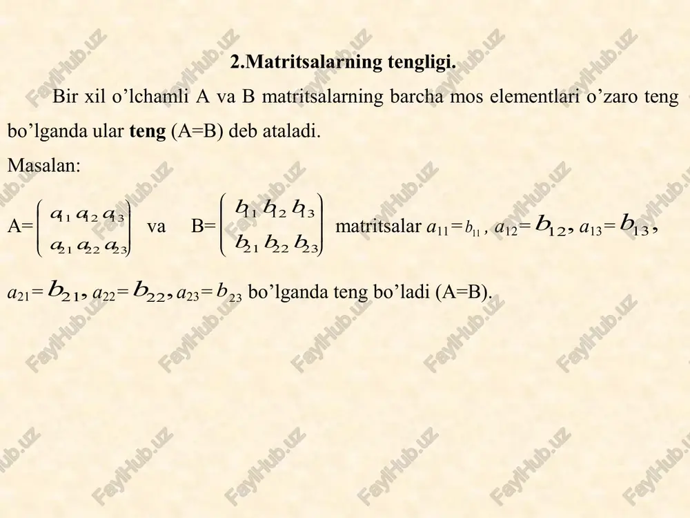 kvadrat matritsa birlik matritsa deb ataladi va e orqali belgilanadi. masalan e =         1 0 0 1 ikkinchi tartibli birlik matritsa, e =             1 0 0 0 1 0 0 0 1 esa uchinchi tartibli birlik matritsadir. birlik matritsaning determinanti 1ga teng, ya‘ni | e |=1. istalgan a kvadrat matritsani uning tartibiga mos birlik matritsaga ko’paytirish natijasida o’sha matritsaning o’zi hosil b o’ladi, ya‘ni a  e = e  a = a . ikkita sonlardan kamida bittasi nol bo’lgandagina ularning ko’paytmasi nol bo’lishi ma‘lum. matritsalarni ko’paytmasi bunaqa xossaga ega emas, ya‘ni ikkita noldan farqli matritsalarning ko’paytmasi nol matritsa bo’lishi ham mumki n. masalan         1 1 1 1           1 1 1 1 …